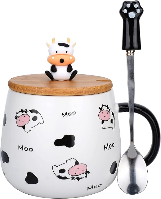 XinHuiGY Cute Animal Coffee Mug with Lid and Spoon, Cute Cow Print Stuff Gifts, Ceramic Tea Cup, Kawaii Cup, Cartoon Coffee Cup Gift for Women Office and Personal Birthday Christmas 480ml