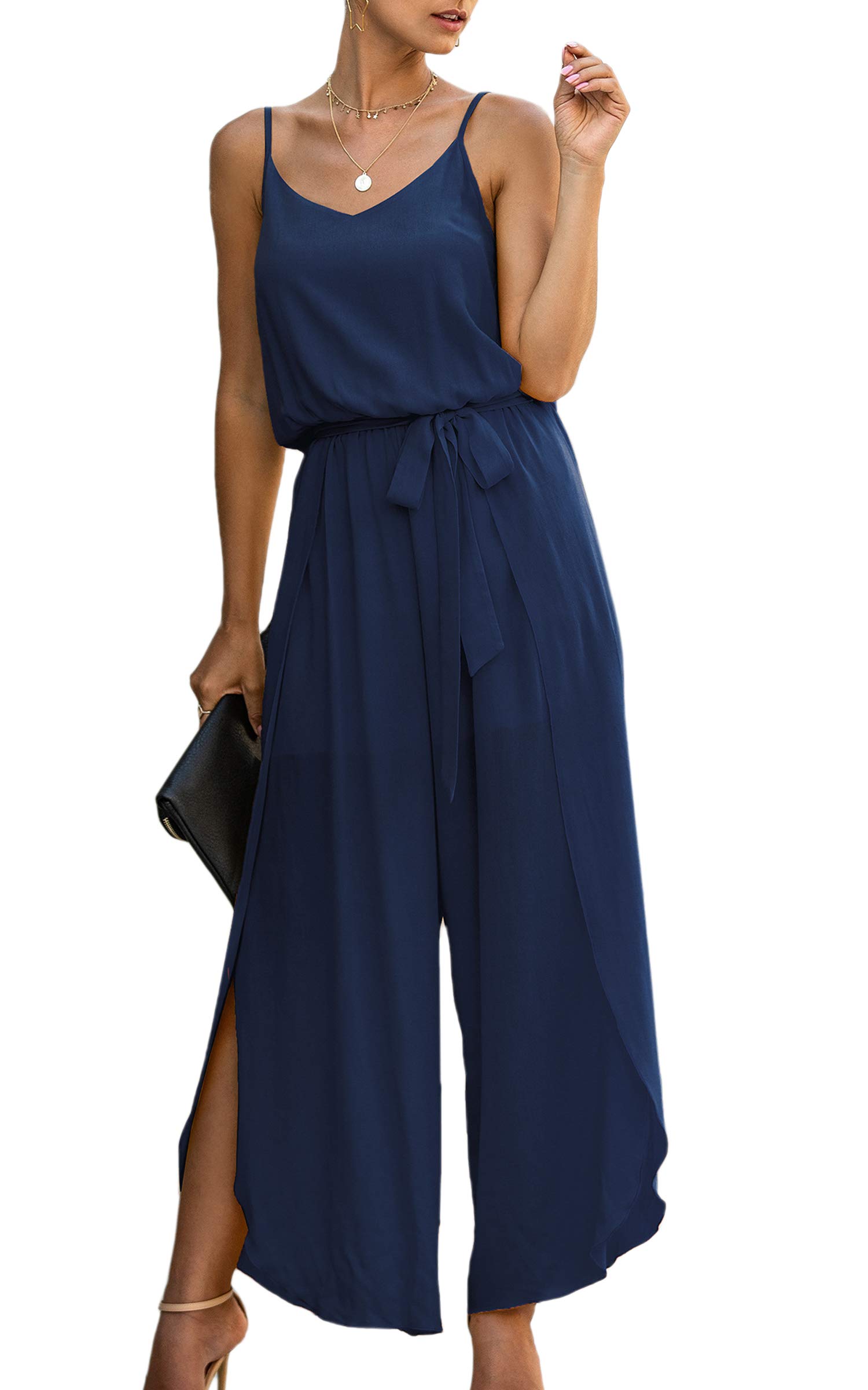 ECOWISHWomens Jumpsuit Spaghetti Strap Wide Leg Split Jumpsuits Long Overalls Summer Beach Loose Fit Rompers