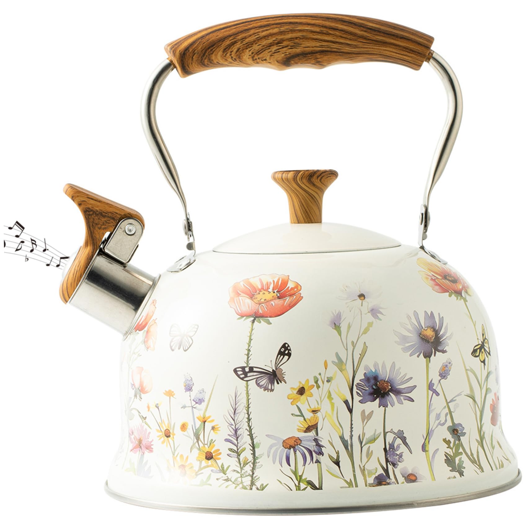 Gcroet Stove Top Kettle, 3L Elegant Floral Food Grade Stainless Steel Whistling Kettle with Wood Handle Hot Water & Fast to Boil Teapot for Home Camping All Hob Types.