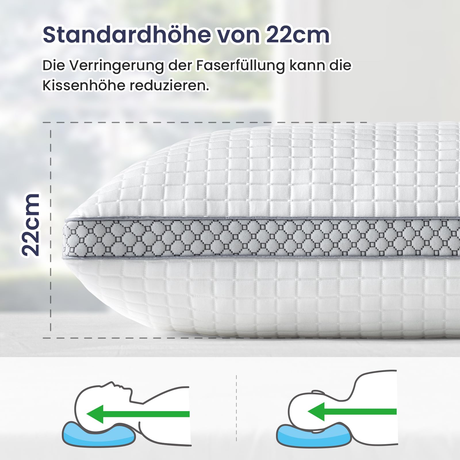 BedStory kopfkissen 40x80 mit abziehbarem Bezug,Verstellbare Faserfüllung Hotel Kissen mit reißverschluss, 2er Set Kissen aus 950g x 2 Polyester, Waschbares nackenkissen für Allergiker