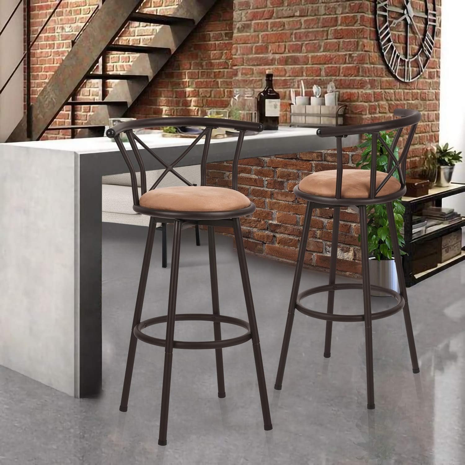 MEUBLE COSY Lot de 2 Chaises de Bar pivotant sur 360°, Tabourets Hauts Vintage, avec Dossier et Repose-Pieds, Siège de 75,5 cm de Haut, Style Industriel, Marron Rustique et Noir
