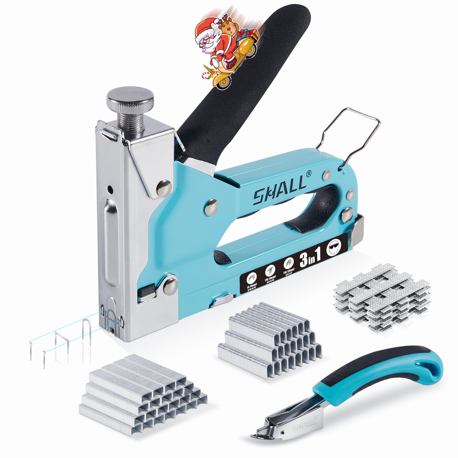 SHALL Set di pinzatrici a mano, 3 in 1, potente pinzatrice per legno con 3000 punte, certificato TÜV GS, pistola per falegnameria, decorazione, fissaggio cavi, incl. rimozione graffette