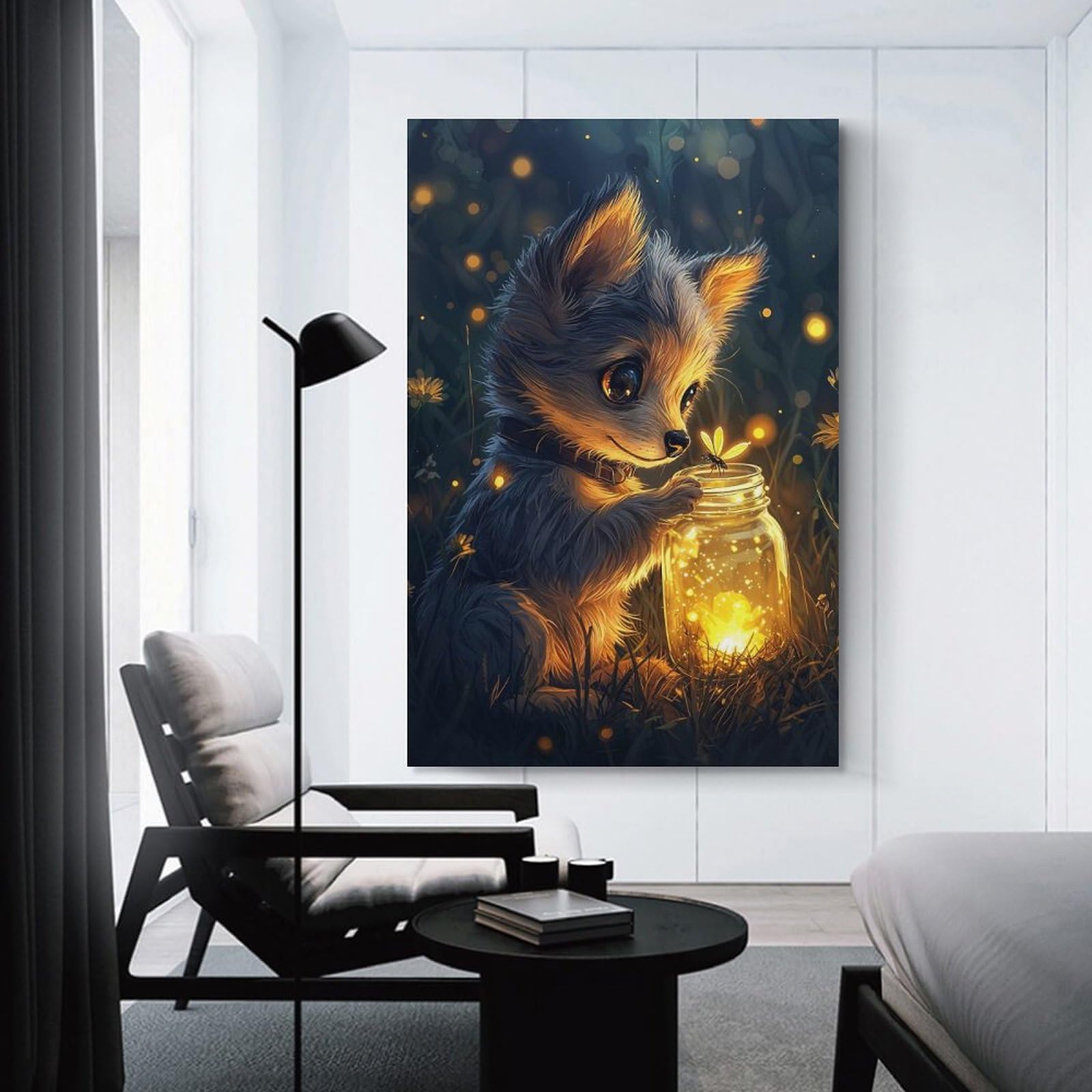Junmoney Unframe-Style-17 Cute Puppy With Fireflies Room Decor Wall Art 20X30inch(50X75cm), For Lounge Decor, Offices Or Entryway Styling, A Flexible Wall Accent For Shared Spaces