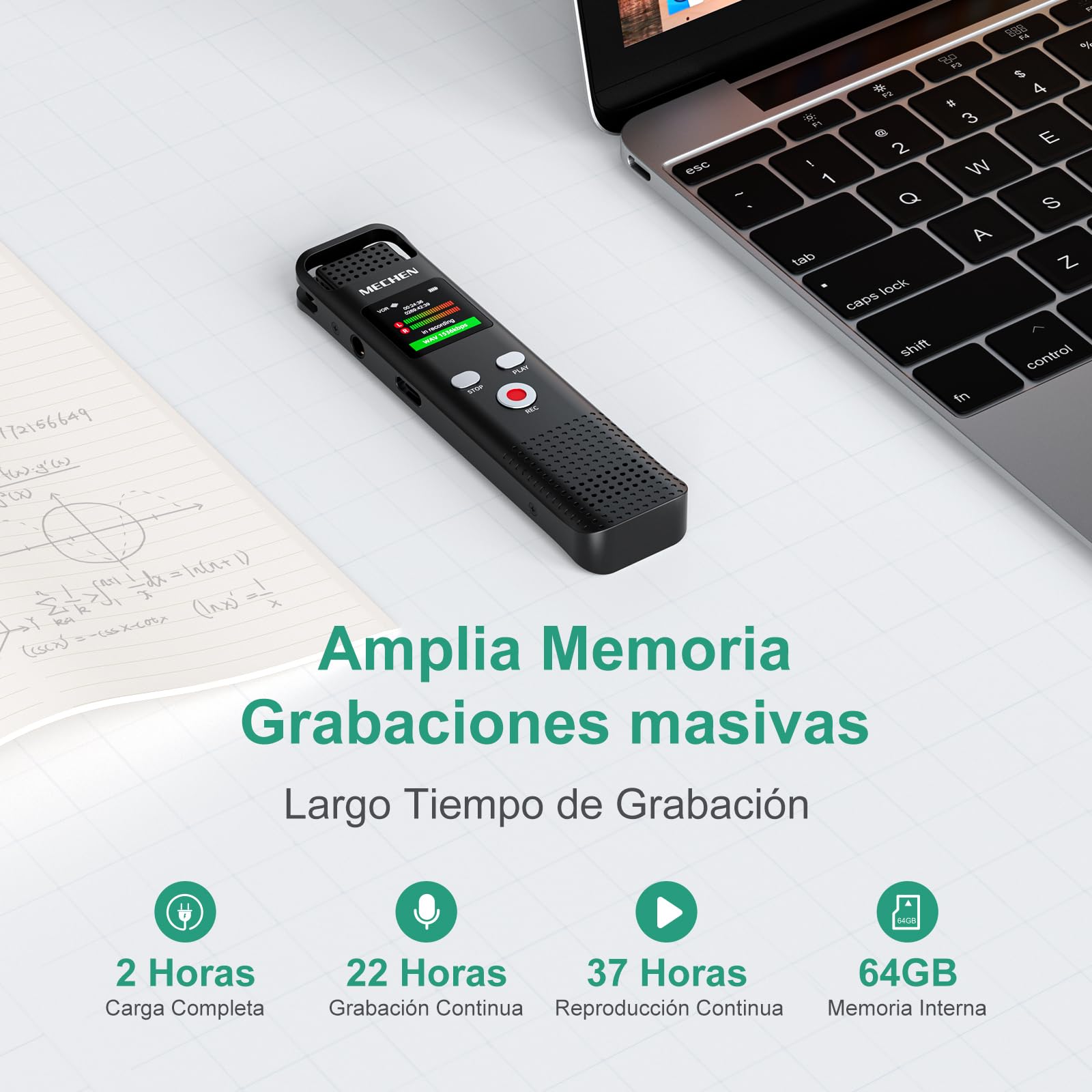 MECHEN 64GB Grabadora de Voz Digital, 1536 kbps con Reproductor de MP3, Calidad de Sonido HD, Reducción de Ruido, Grabación Activada por Voz, Función de Grabación para Conferencias y Ponencias (V02)