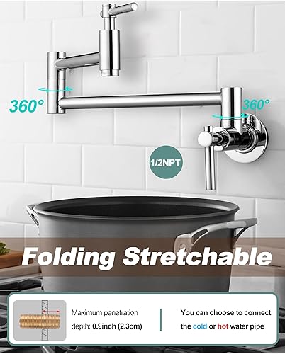 Miniatura 9 de Grifo de llenado de ollas para montaje en pared, grifo de cocina plegable con brazo oscilante de doble junta, grifo de latón elástico de un solo