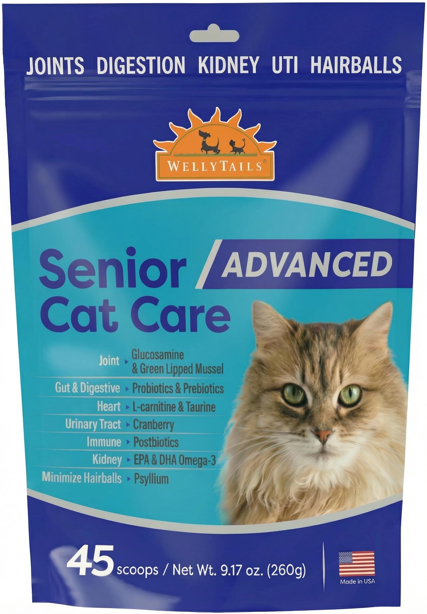 Senior Cat Joint Supplement Glucosamine, Chondroitin, Green Lipped Mussel + Probiotics and Digestive Enzymes, Heart, Urinary Tract and Immunity Support and Hairball Management 45 Scoops