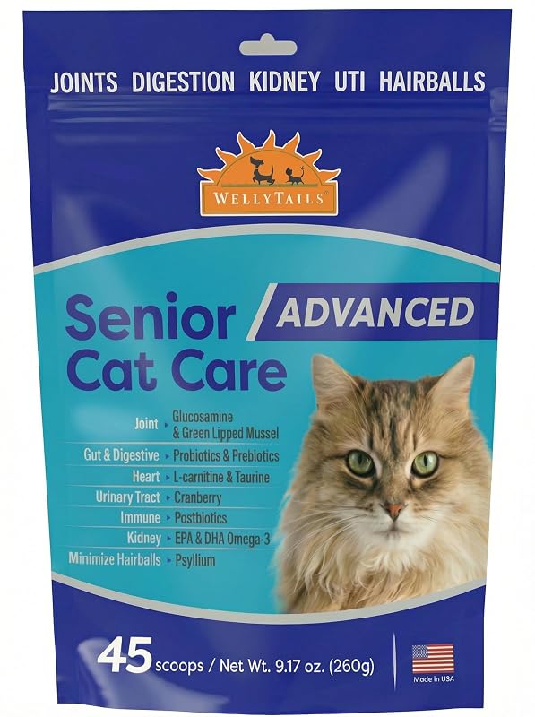Suplemento em Pó para Gatos Sênior WellyTails com Probióticos, Ômega 3 e Glucosamina 309 g