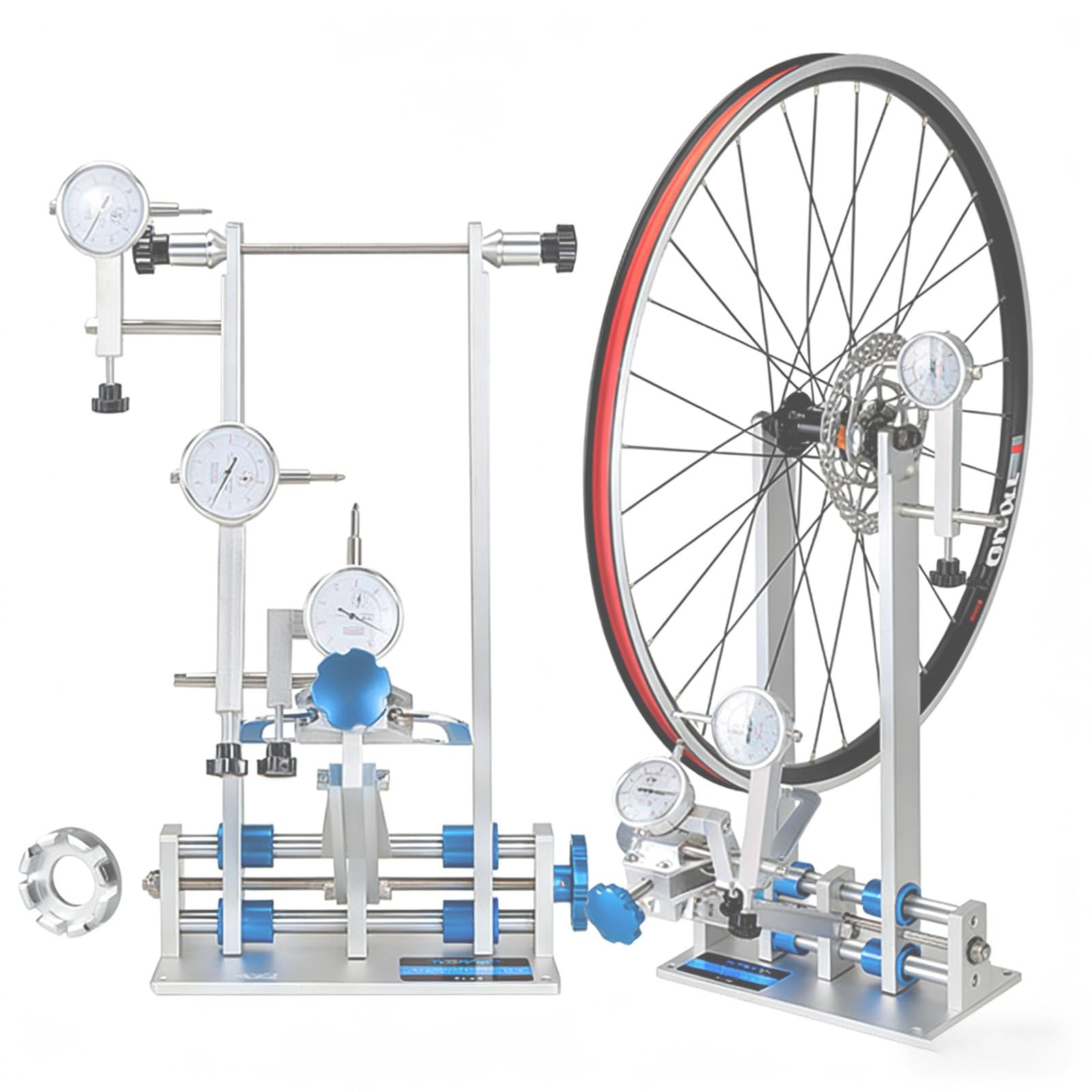 Soporte para rueda de bicicleta, herramienta de alineación de llantas con 3 calibres para eje pasante y cubos de liberación rápida, caídas ajustables de 55 a 200 mm, se adapta a ruedas de 16 a 29