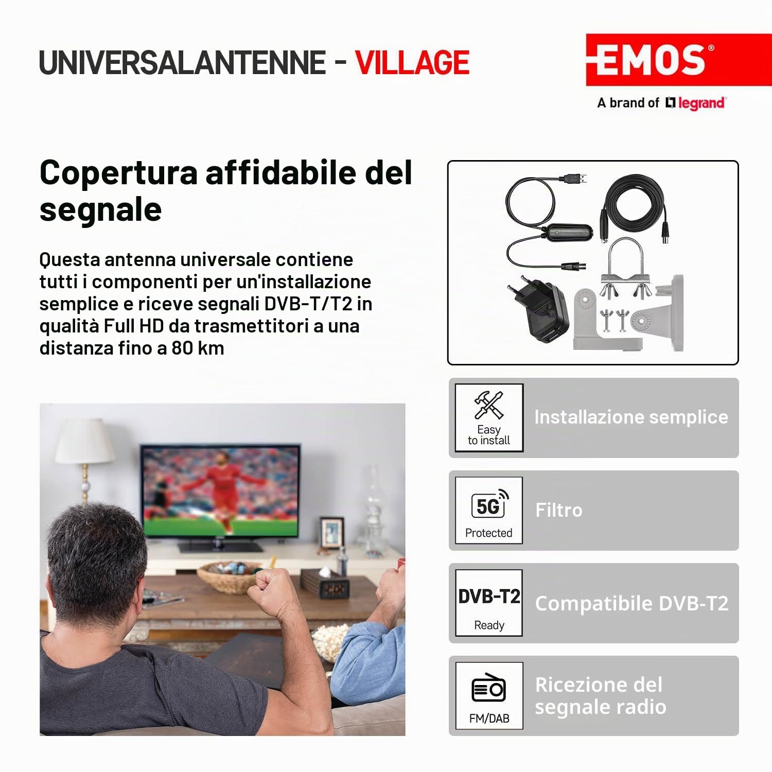EMOS - Antenna digitale con amplificatore - per esterni - Antenna attiva VILLAGE - Portata 0-80 km - FM/DAB/DVB-T/DVB-T2 - Filtro LTE/4G/5G - Angolo di ricezione 360° - Resistente alle intemperie