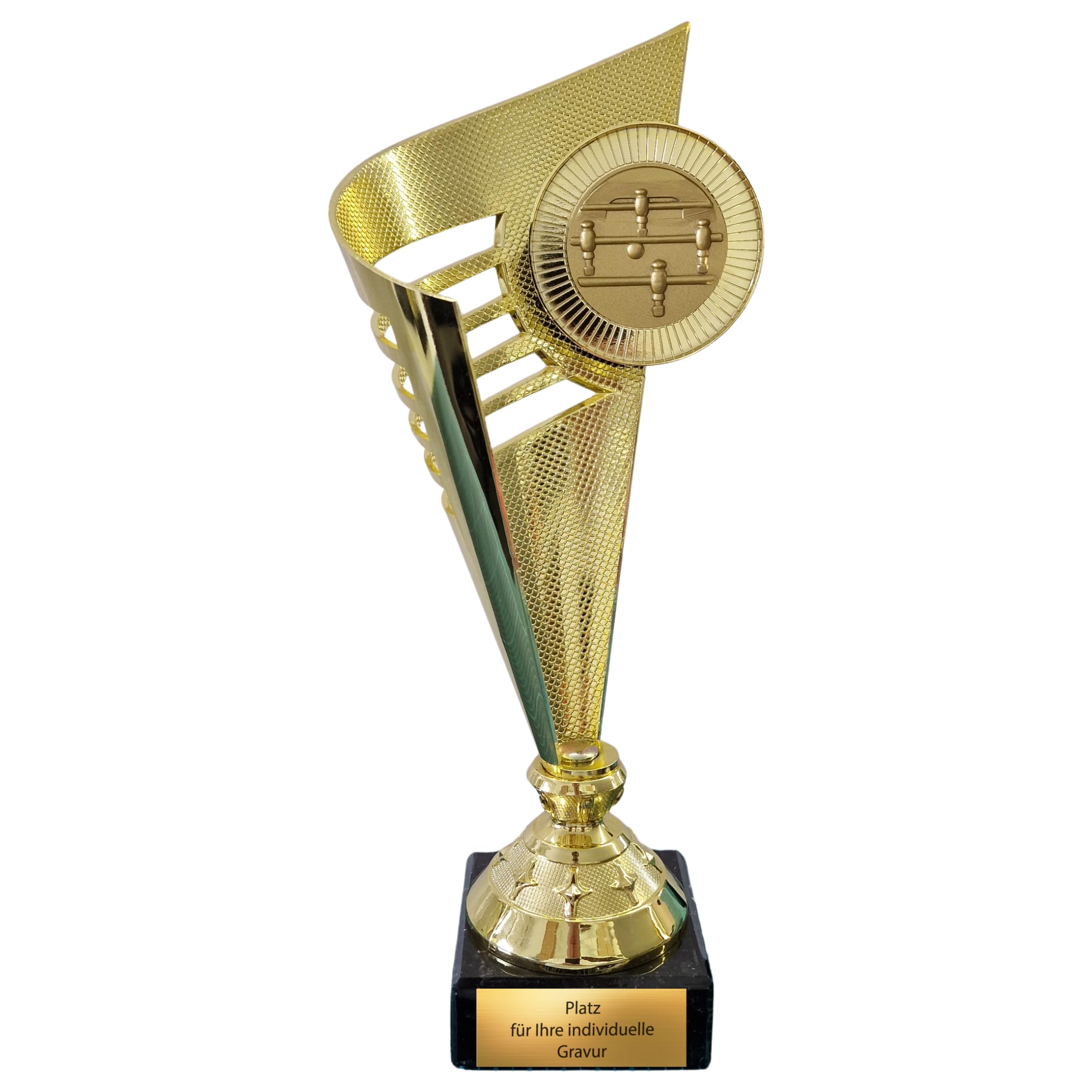 Tischkicker Pokal gold | 31cm | Kicker Emblem Siegerpokal Turnier Award | 560g | Kunststoff mit schwarzem Marmorsockel & goldener Gravurplatte | Kicker Trophäe Sieger