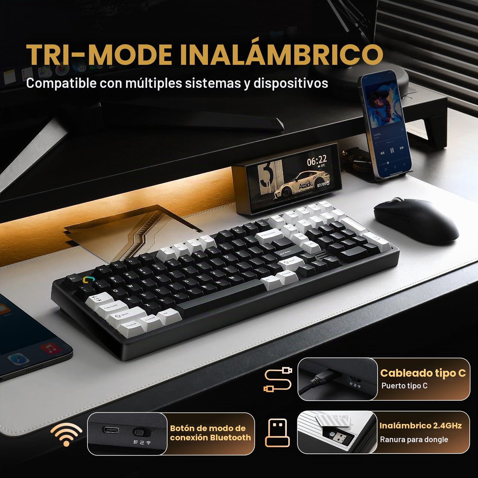 YUNZII AL98 Teclado Aluminio Mecánico Inalámbrico (Negro, Milk V2) | Bluetooth/2.4Ghz/USB-C, Retroiluminación RGB, QMK/VIA Programable, Hot-Swap, US ANSI Teclas PBT Gamer para Win/Mac