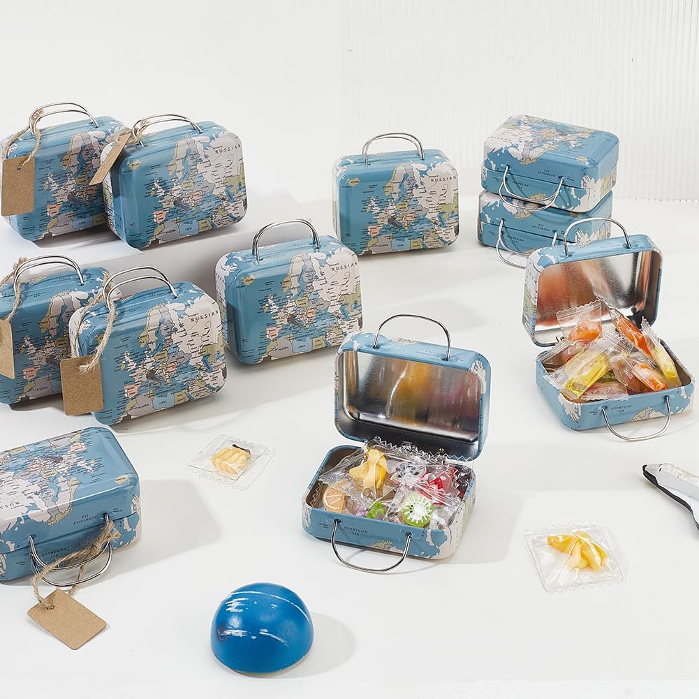 AHANDMAKER 24Pcs Mini Suitcase Boxes Candy Party Favor Gift Vintage Tinplate World Map Suitcase Box for Party Wedding Travel Bride Shower Decoration, with Labels and Rope