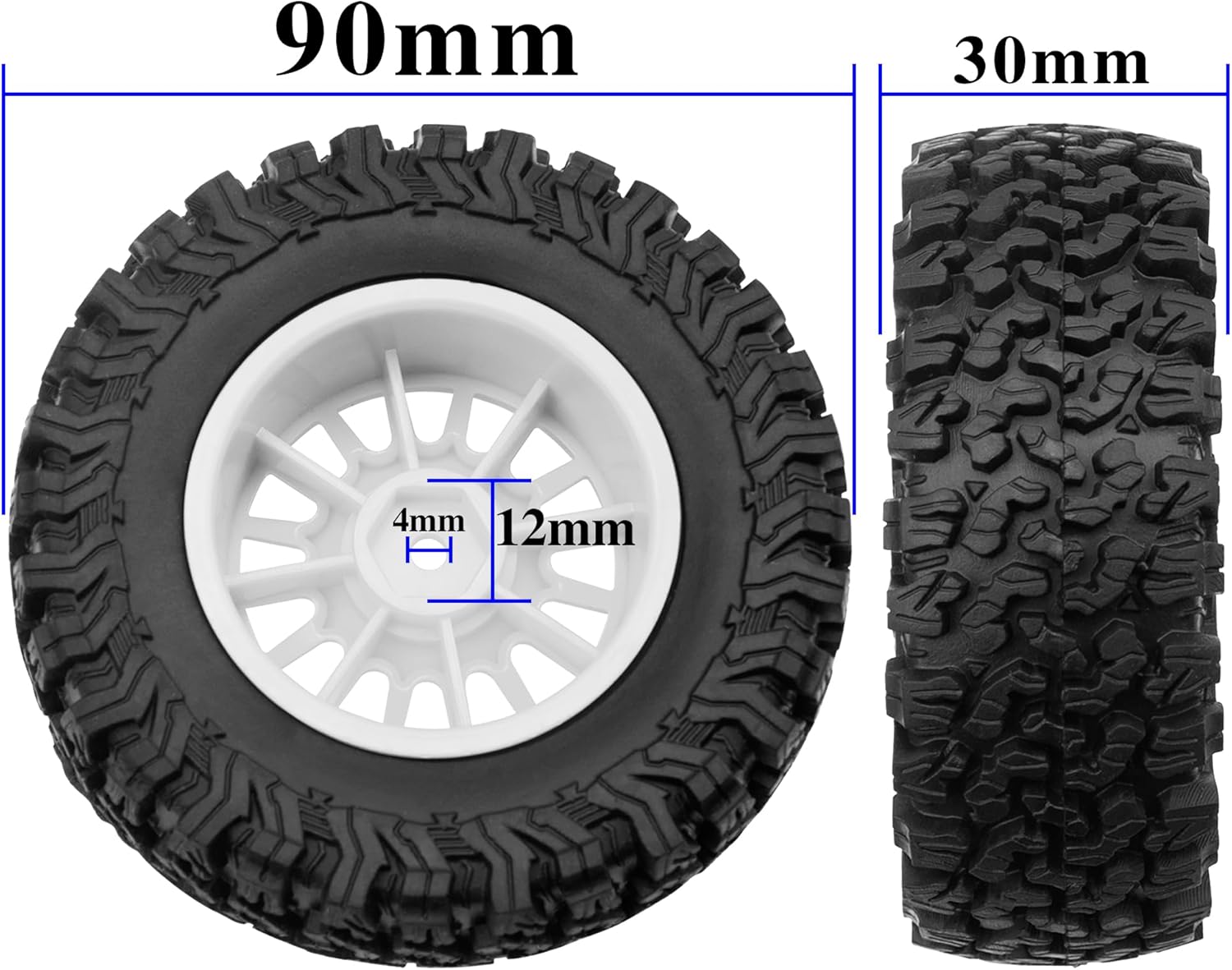 4Pcs HIRCQOO 1.9" RC Crawler Tires OD 90mm Rubber Tire and Plastic Wheel Rims 12mm Hex Compatible with 1/10 Axial SCX10 D90 Tamiya CC01 TF2 TRX4 RC Crawler (White)