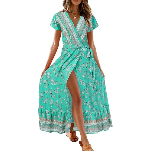 ZESICA Women's 2024 Bohemian Floral Printed Wrap V Neck Short Sleeve Split Beach Party Maxi Dress