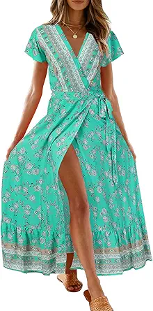 ZESICA Women's 2023 Bohemian Floral Printed Wrap V Neck Short Sleeve Split Beach Party Maxi Dress