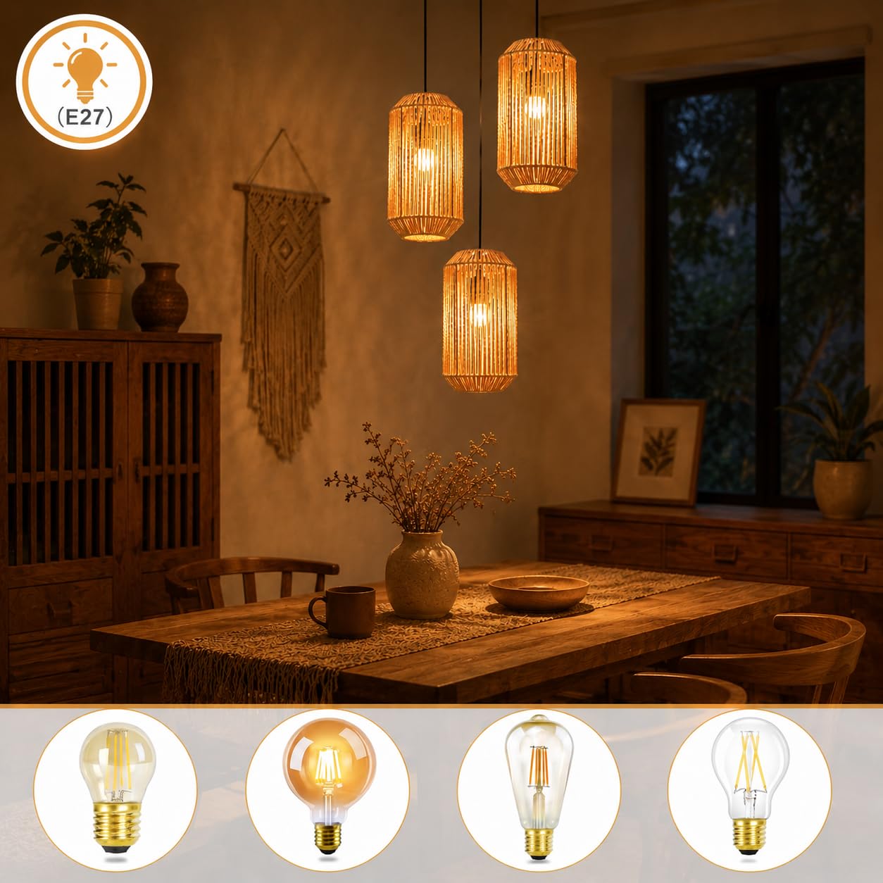 Lámpara Colgante Boho de Ratán, Altura Ajustable, 3 Luces, Diseño | Retro con Casquillo E27 para Comedor, Salón, Dormitorio y Cocina (Sin Bombillas Incluidas)