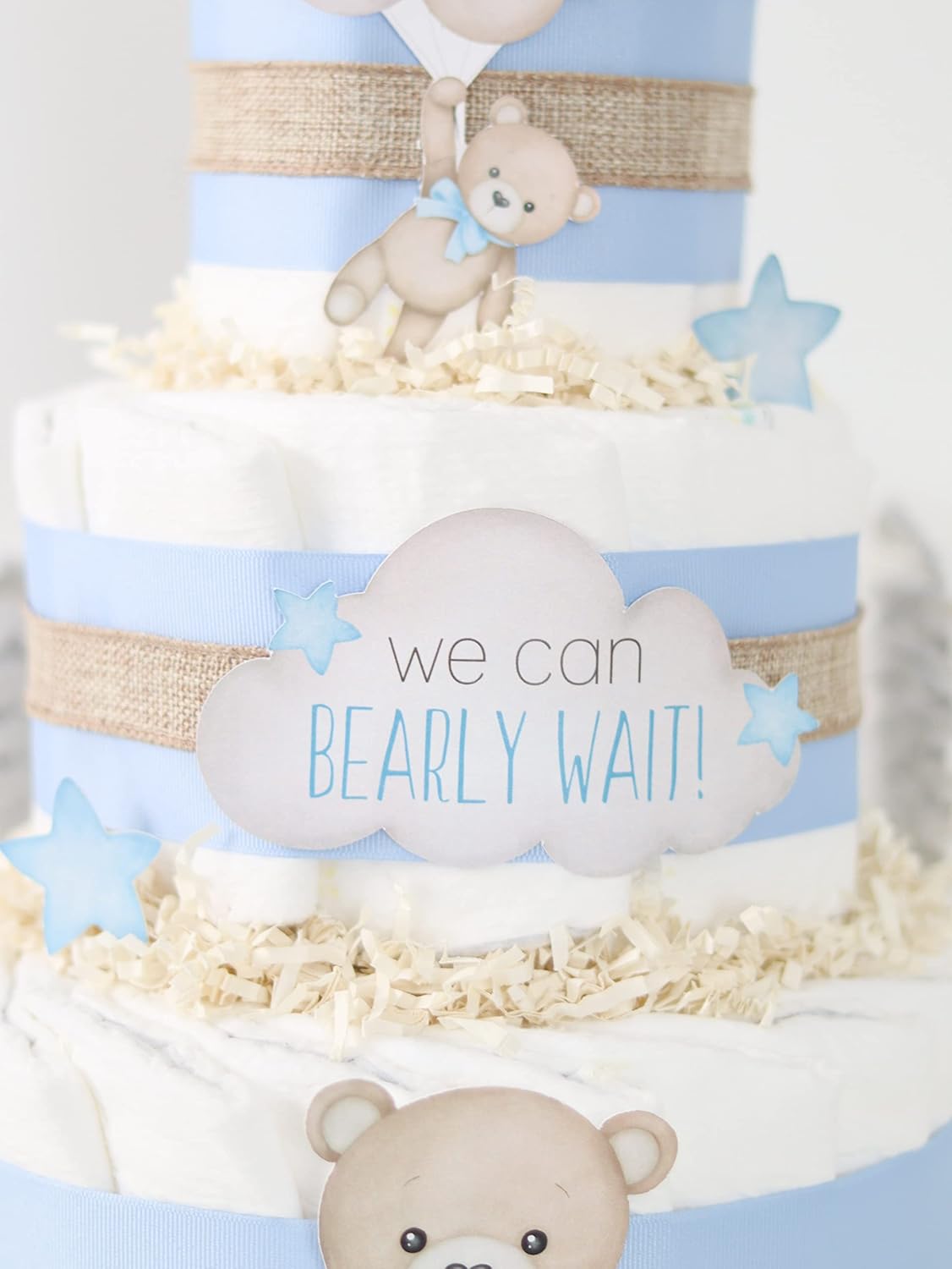 Teddy Bear Diaper Cake - We Can Bearly Wait Baby Shower Decoration Centerpiece - Gift for Baby Boy (Blue Balloons)