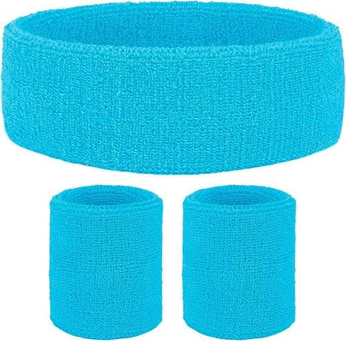 Miniatura 5 de El juego de bandas para el sudor de neón de los años 80 incluye diadema y pulseras rosas, azules, amarillas y verdes, bandas para el sudor para