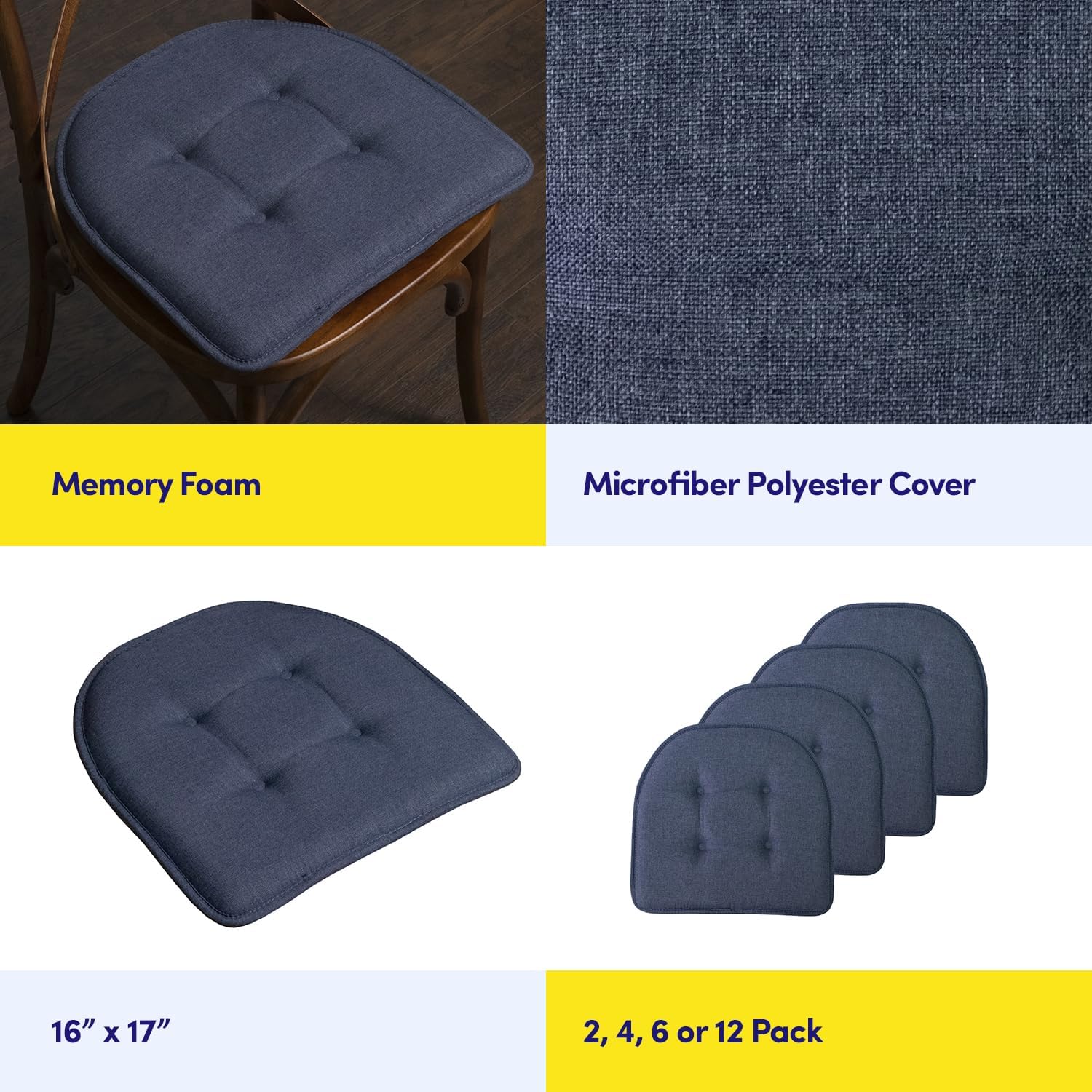 Denim Blue Memory Foam U-Shaped Chair Cushions, 6 Pack