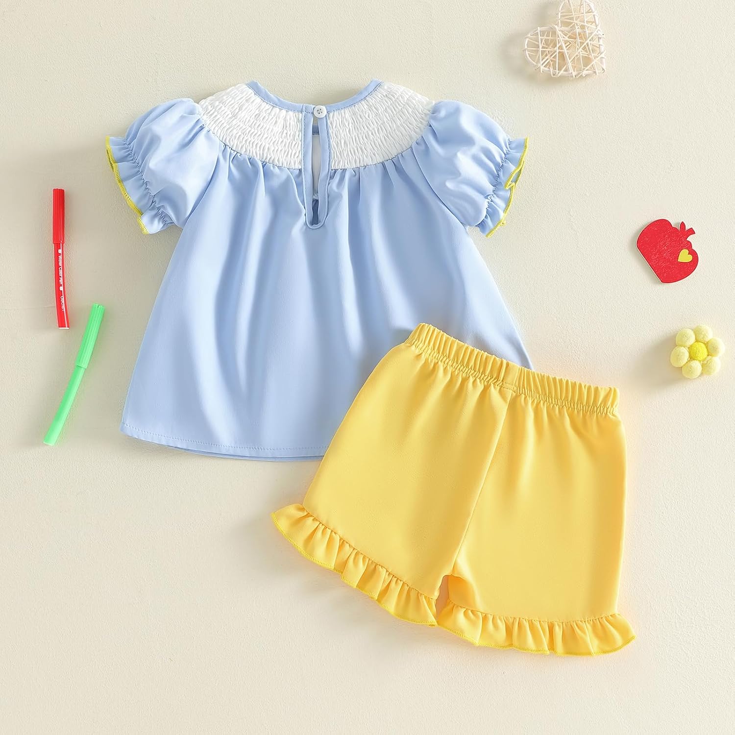 Back to School Little Toddler Girls Outfit Pre K First Day of School Smocked T-Shirt Dress Top Ruffle Shorts Set