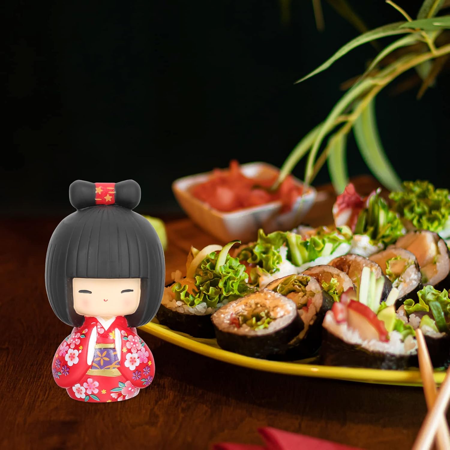 Angoily Japanese Doll Kimono Collectible Figurines Traditional Crafts Oriental Geisha Statue for Office Bar Home Party Table Decoration Red