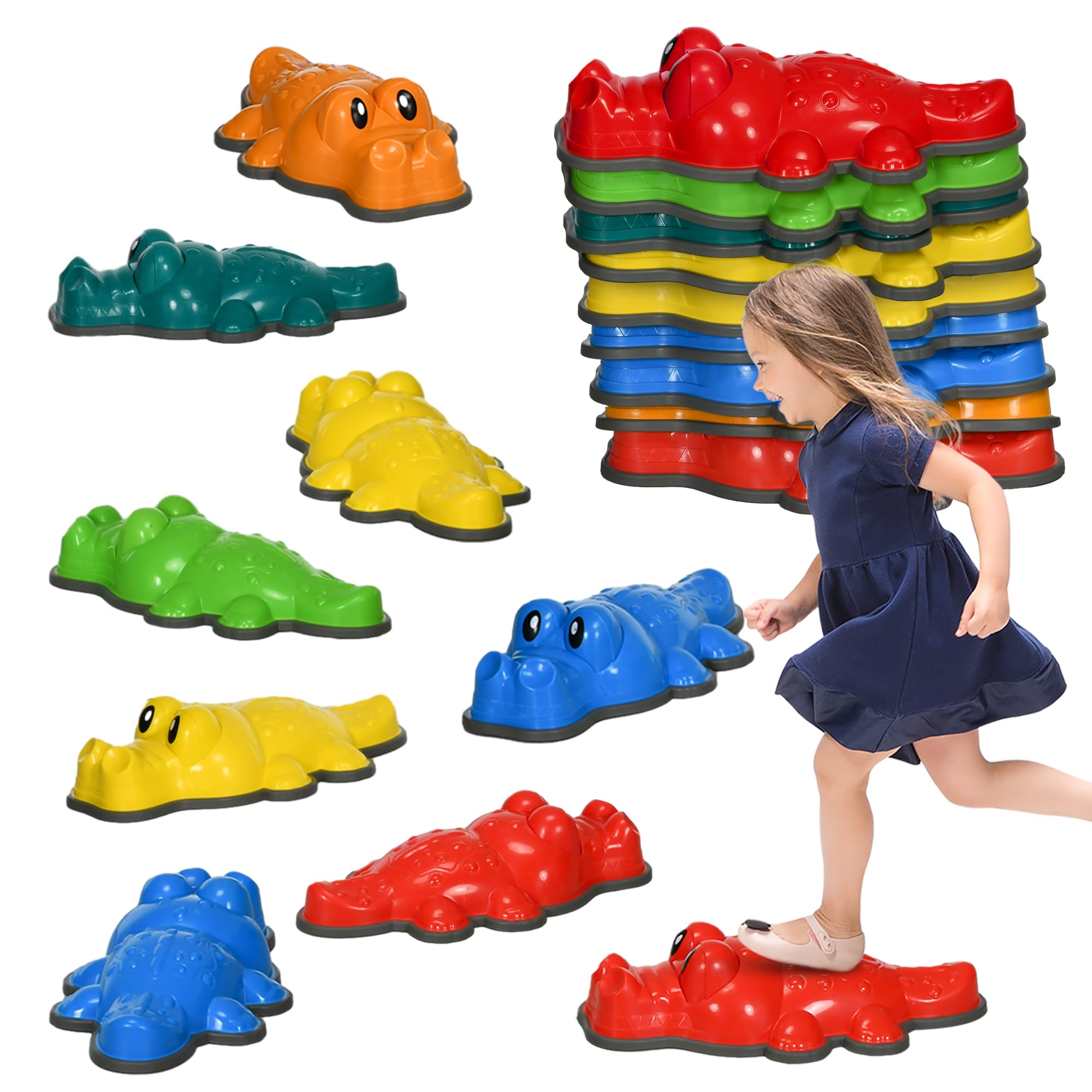 ZONEKIZ Kids Stepping Stones, Crocodile-Designed Sensory Toy 9PCs with Anti-Slip Edge, Stackable Indoor Outdoor Obstacle Courses