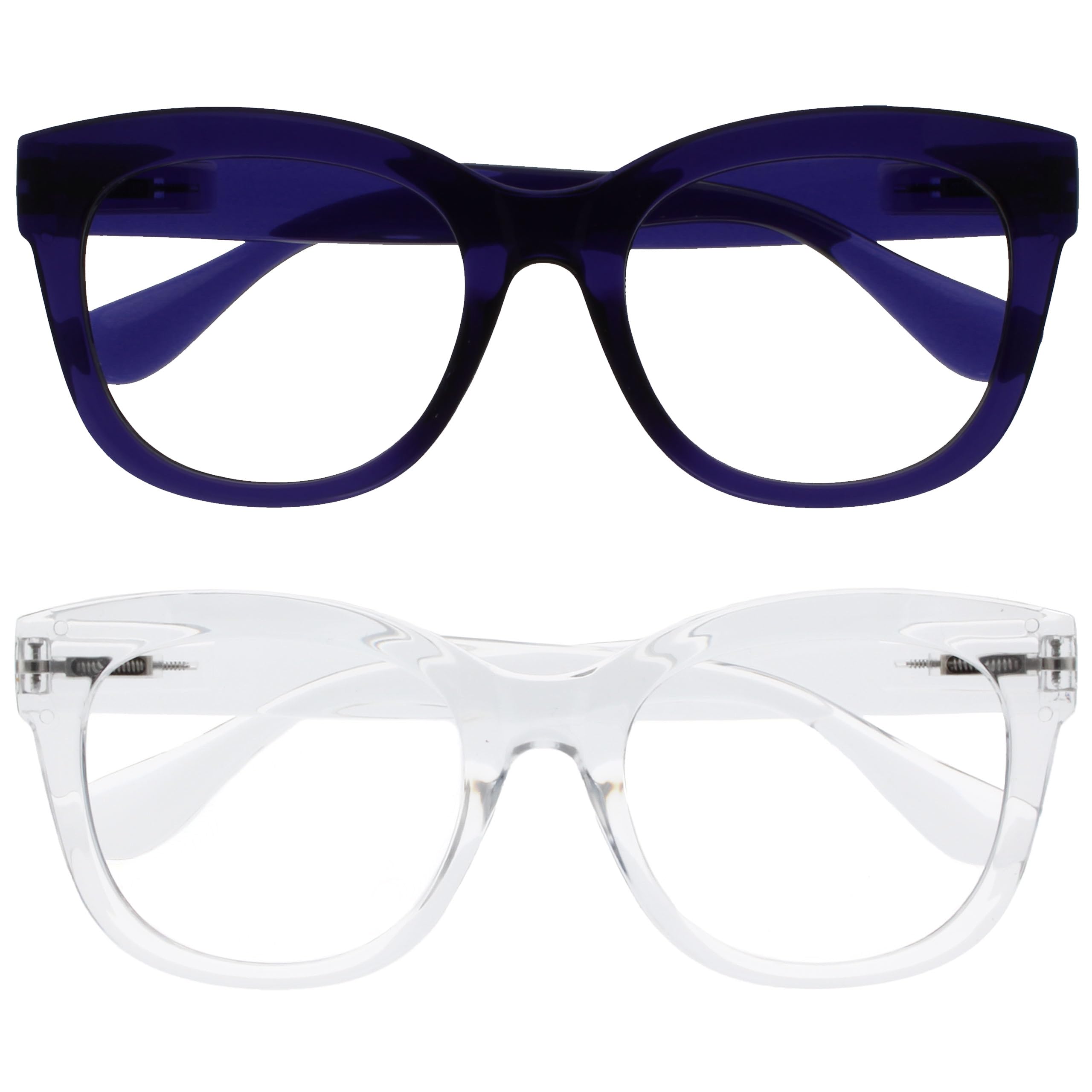 OPULIZE BIG Blue Light Blocking Reading Glasses - Bold Round Fashion Frame - Anti-Glare Anti-Reflective Computer Gaming - 2 Pack - UV & Eyestrain Protection - Indigo Clear - Mens Womens +1.50