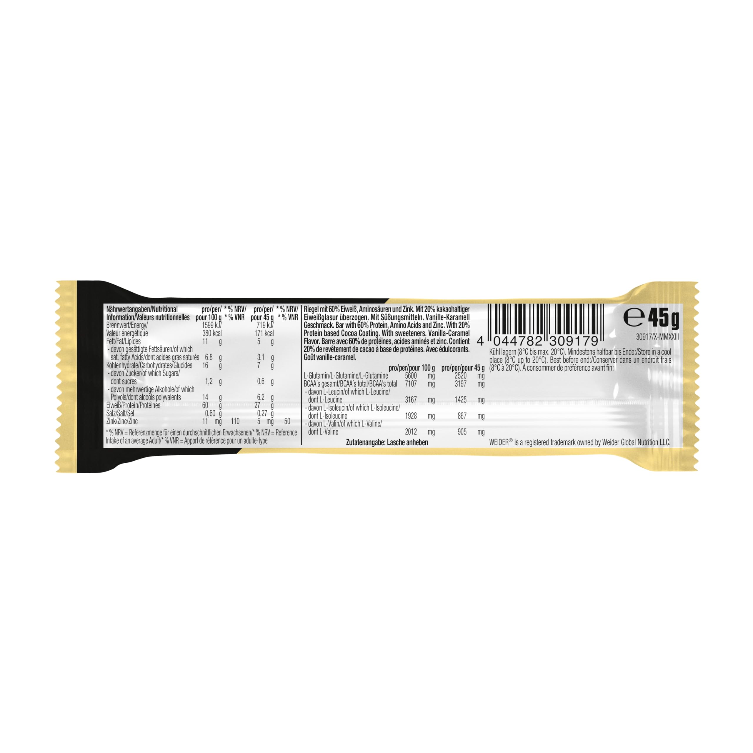 Weider 60% Proteinriegel - Hochproteinhaltiger Riegel mit 27g Protein, wenig Zucker, BCAAs & Zink - Ideal für Muskelwachstum - 24er Pack - Vanilla-Caramel