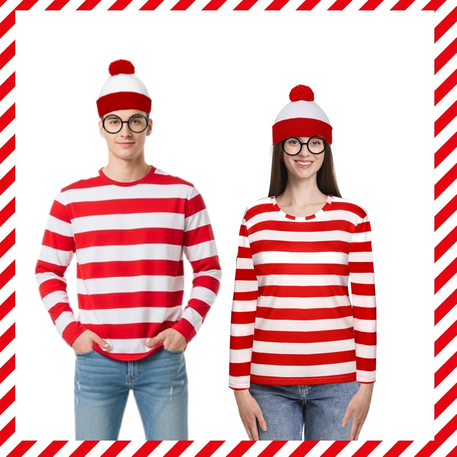 Halloween Couple Costume Include Stripe Shirts,Beanie Hats,Glasses and Socks for Men Women Party Dress Up - Image 7