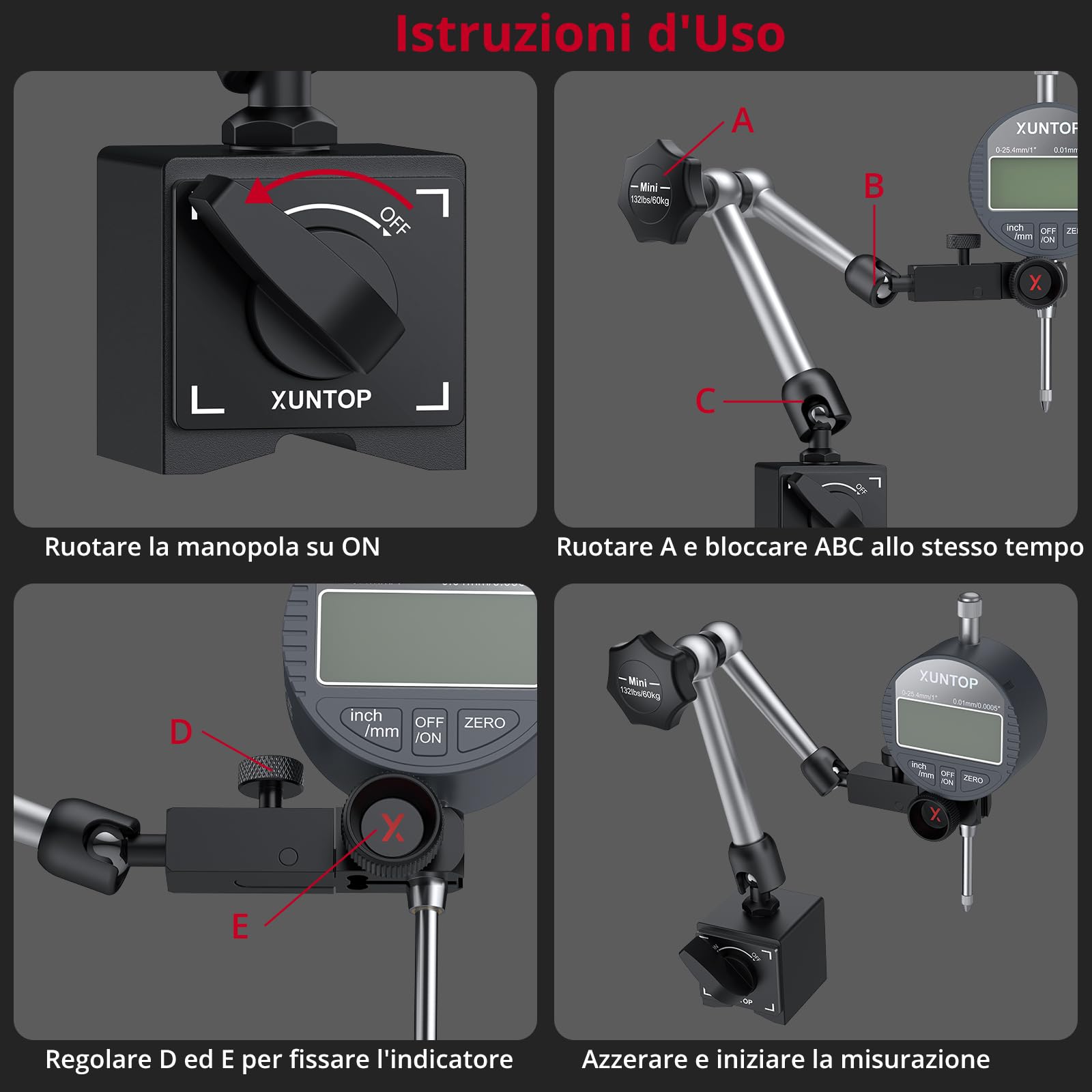 XUNTOP Comparatore Centesimale 0-25,4 mm con Base Magnetica 132lbs/60kg, Digital Dial Indicator 1inch/0.0005inch con Display LCD di Conversione Pollici/metri per Tornio, Stampante 3D, CNC, Industriale