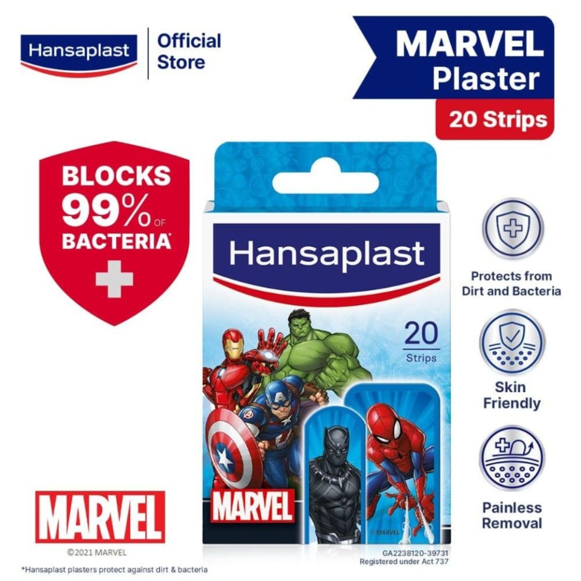 Hansaplast Kids Disney Marvel Plasters 20 Strips – Superhero-Themed Adhesive Bandages for Children – Breathable, Gentle Wound Care for Little Heroes' Cuts & Grazes