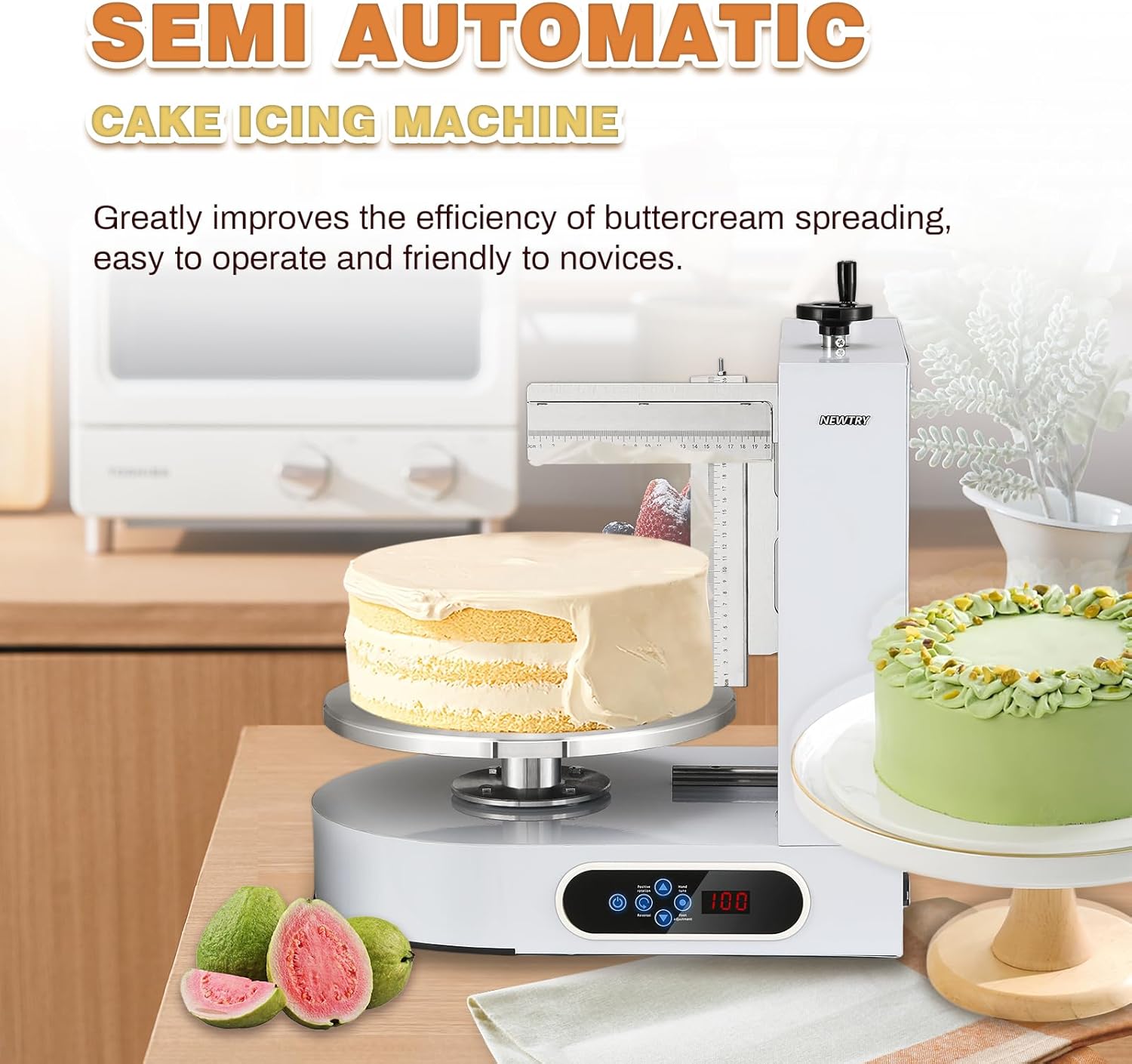 NEWTRY Electric Cake Decorating Machine Semi Automatic Cream Butter Coating Machine Icing Machine Surface Scraper for 4-12 inch Cakes 110V US