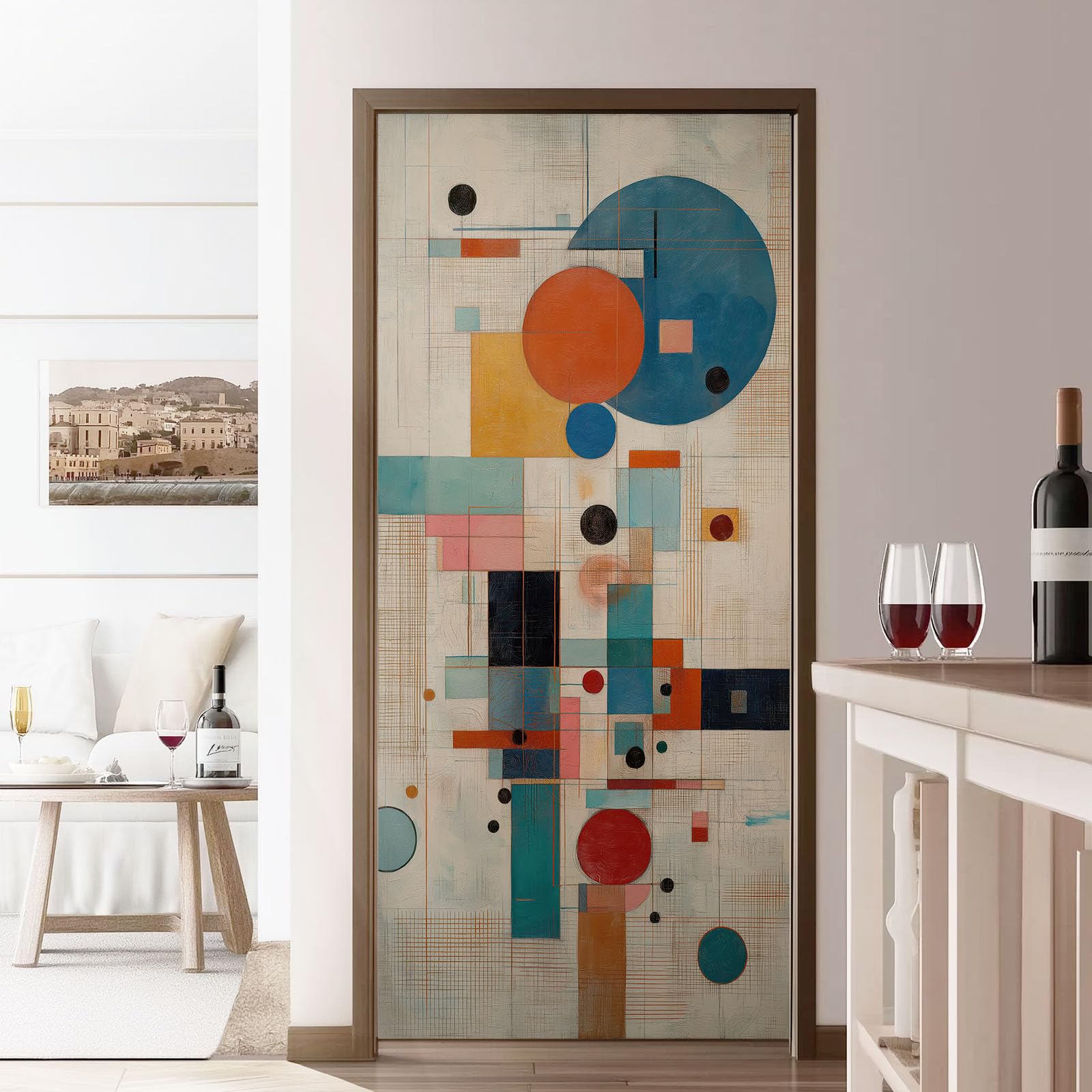 Abstracto Geométrico 3D Autoadhesivo Adhesivo para Puerta 95 x 215 cm - Vinilo Lámina para Puerta Papel Pintado Pared Cuadrado Círculo Líneas Diseño Póster Desmontable Papel Pintado Decoración para