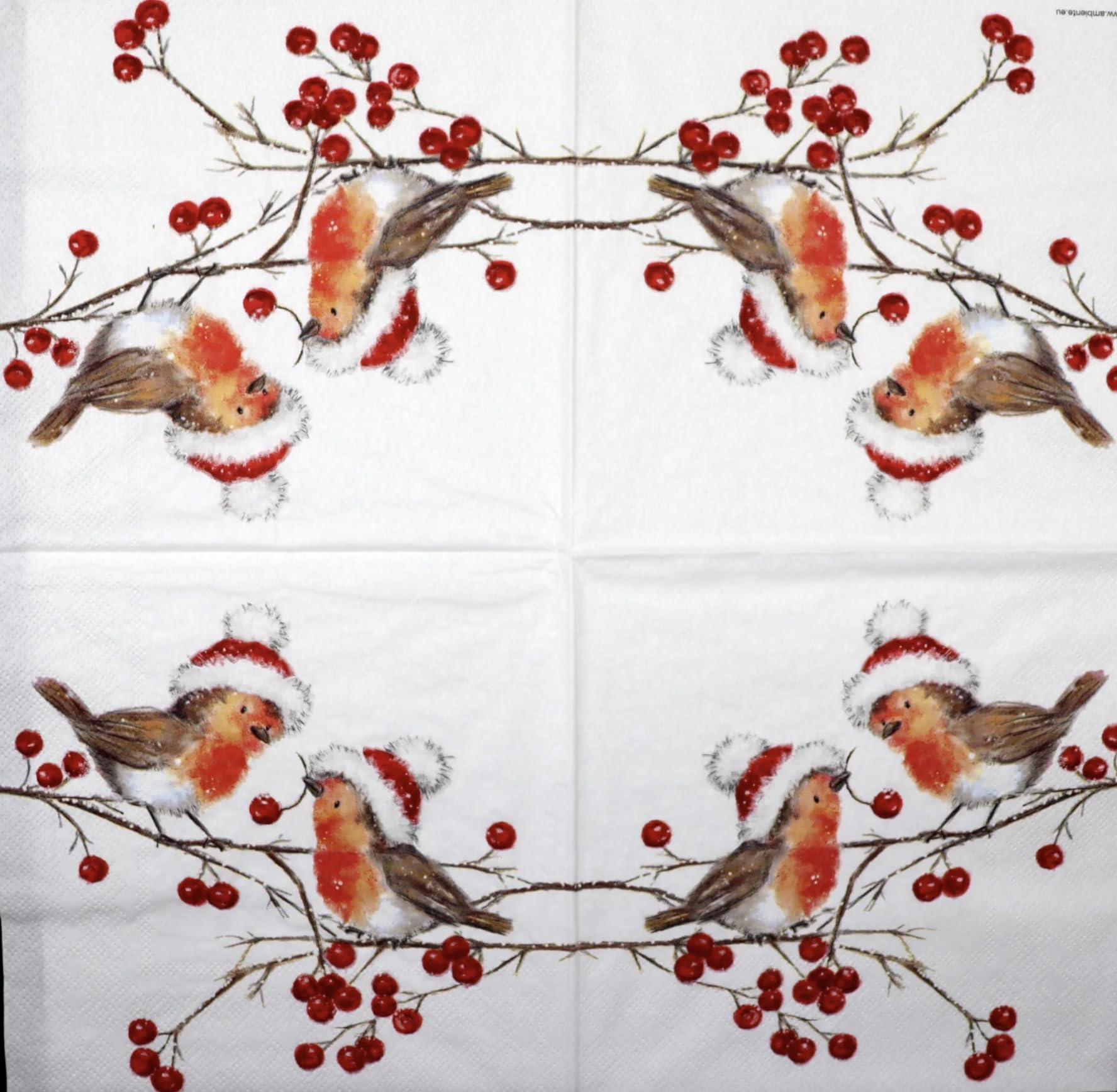 Set of 2 Individual Decoupage Paper Party Napkin Christmas Robins Birds Watercolor Decor Luncheon Napkins for a Birthday Holiday, Wedding, Cocktail Party