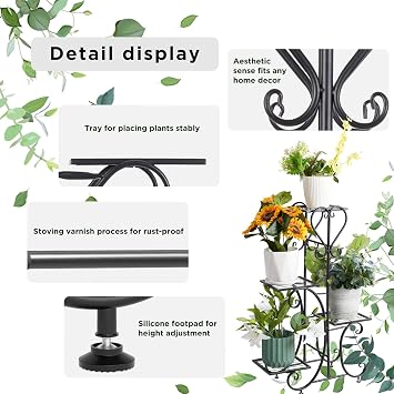 unho Metal Plant Stand Black: 4 Tier Flower Pot Display Rack outdoor