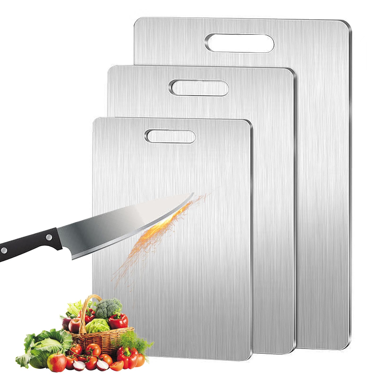Large Stainless Steel Cutting Board Set (3-Piece) - 304 Grade Non-Slip Chopping Boards for Meat, Fish, Vegetables & Fruits - Heavy Duty Kitchen Prep Boards with Juice Groove & Easy Clean
