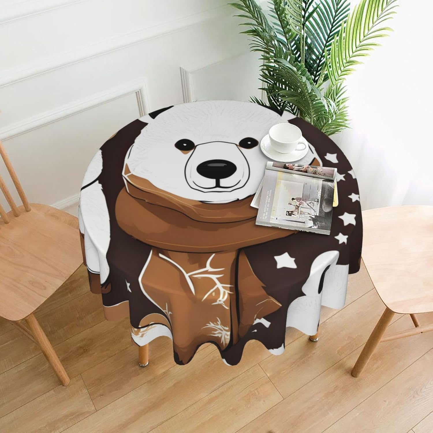 White Bear Brown Bear Print Wrinkle Free Dining Table Cover for Birthday Party Farmhouse Tablecloths Up to 60 x 60 Inches