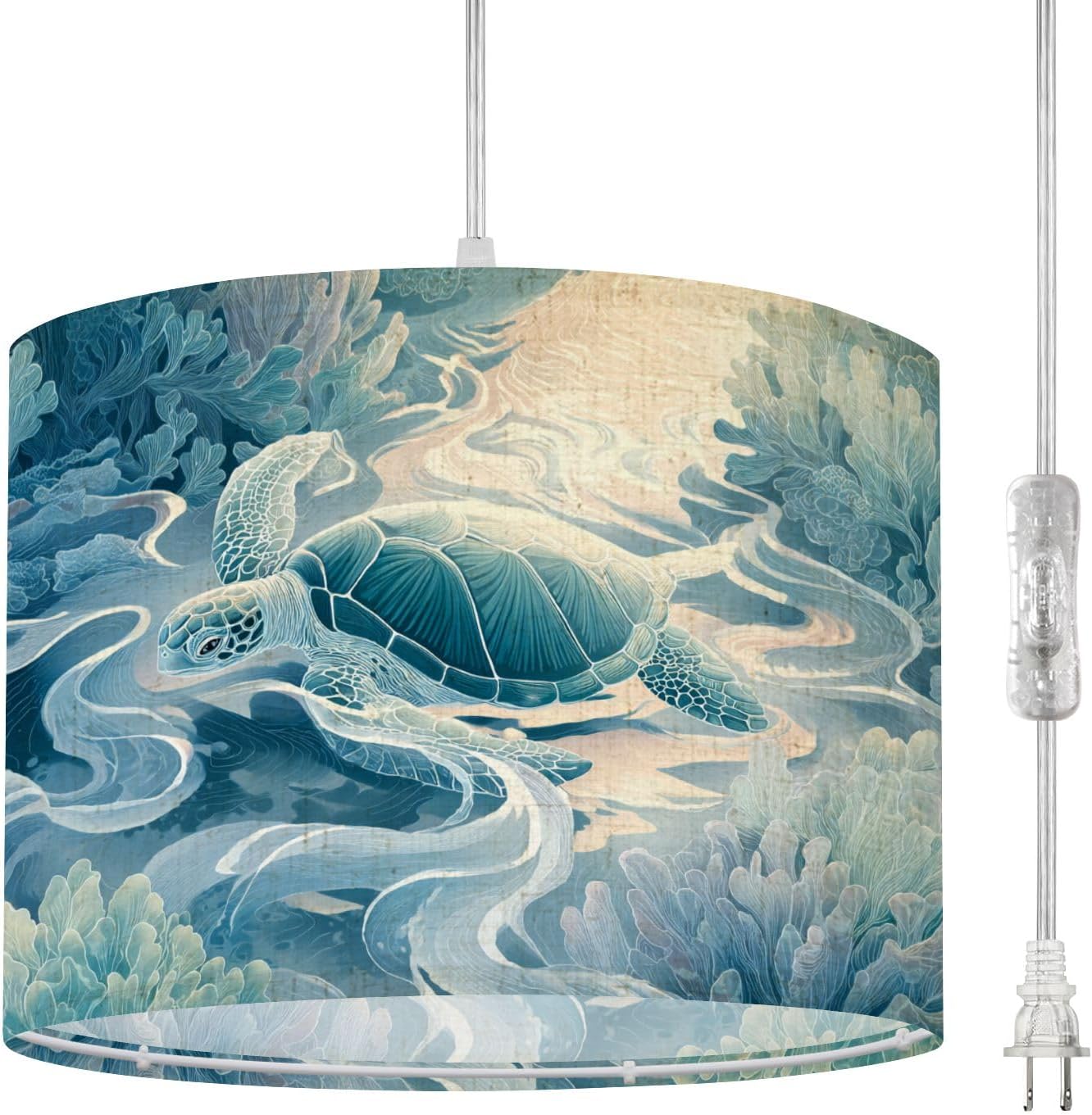 Plug in Pendant Light Serene Blue Sea Turtle Swimming Peaceful Ocean Waters Hanging Lamp with Clear Cord Fabric Shade Dimmable for Bedroom Kitchen Island Living Room Light Fixtures