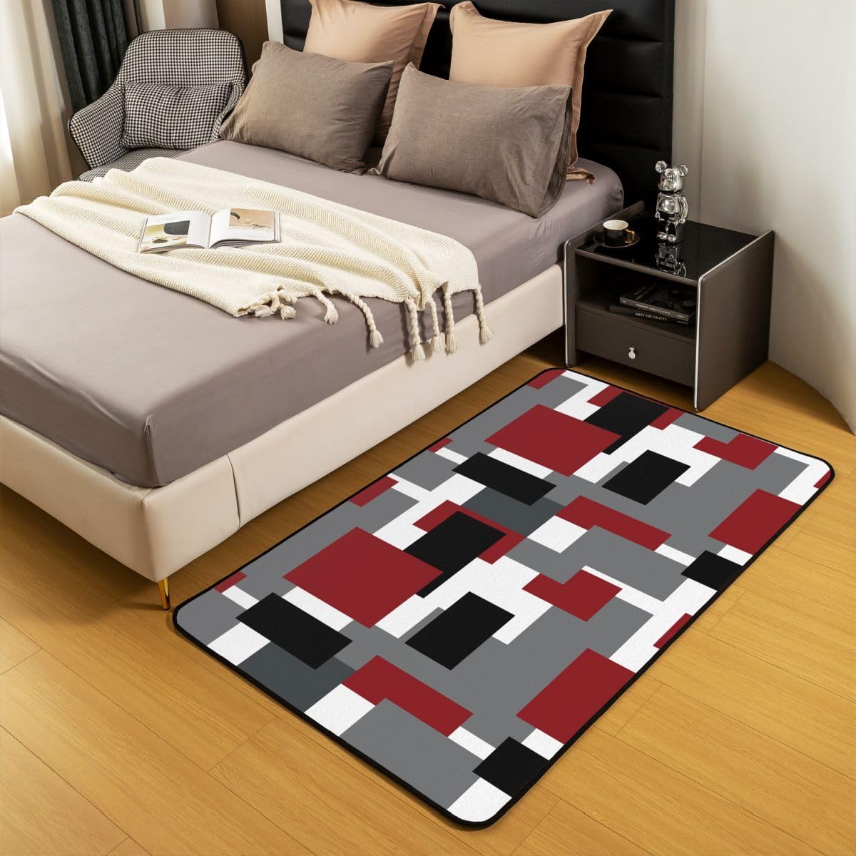 Loussiesd Tapis Salon 100x150cm Gris Rouge Tapis d’intérieur Noir Blanc Géométrique Reversible Antidérapant,Doux,Lavable Simple Art Modernee pour Salon Chambre Salle à Manger, Cuisine