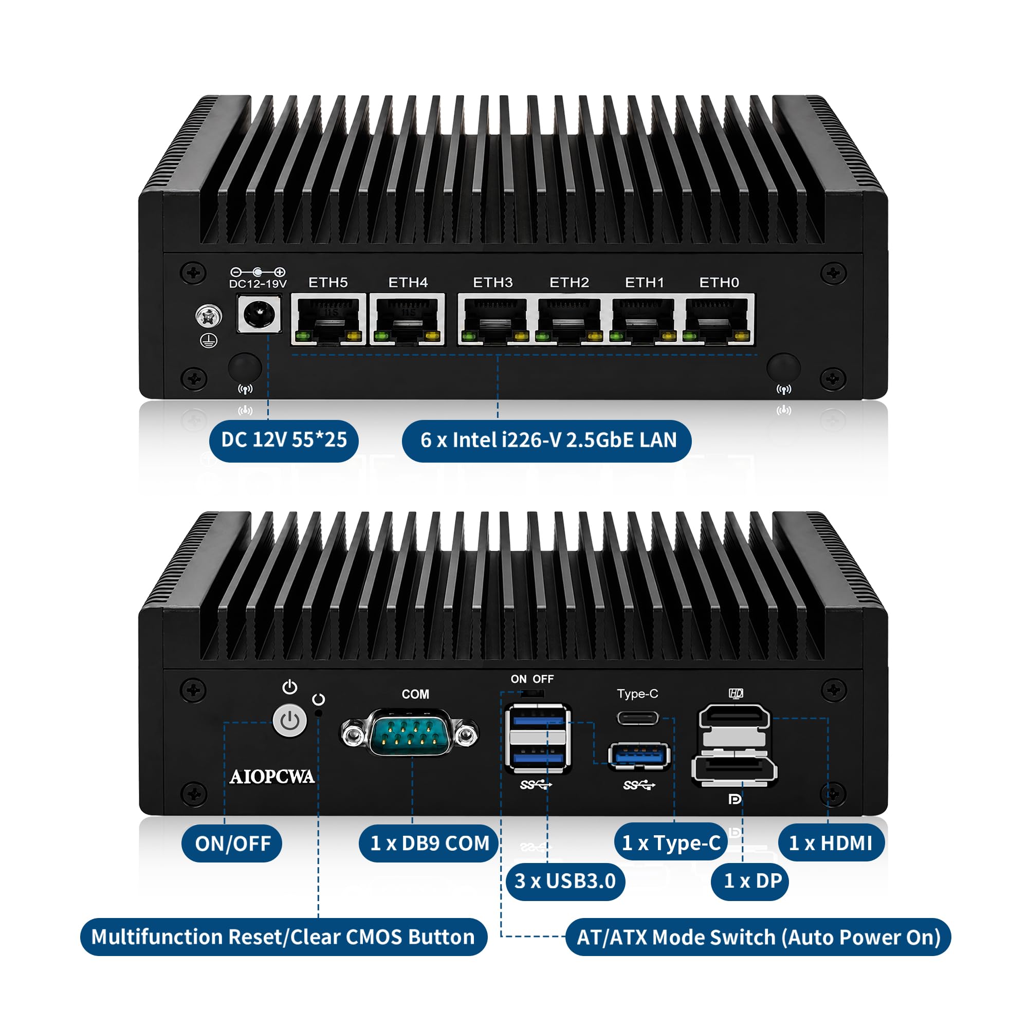 Fanless Firewall Appliance Mini PC, 6 x i226-V 2.5GbE LAN, Core i5-7200U Desktop Micro PC, OPNsense Router, DB9 COM, HD+DP, USB-C, SATA3.0, AES-NI, DDR3L 8GB RAM 256GB SSD