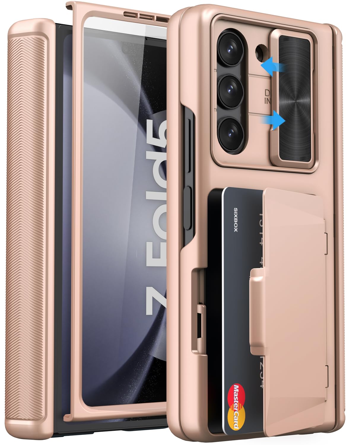 SIXBOX for Galaxy Z Fold 5 Case with Card Holder & Hinge Protection & Screen Protector, Built-in Slide Lens Cover, Rugged Shockproof Phone Cover Case