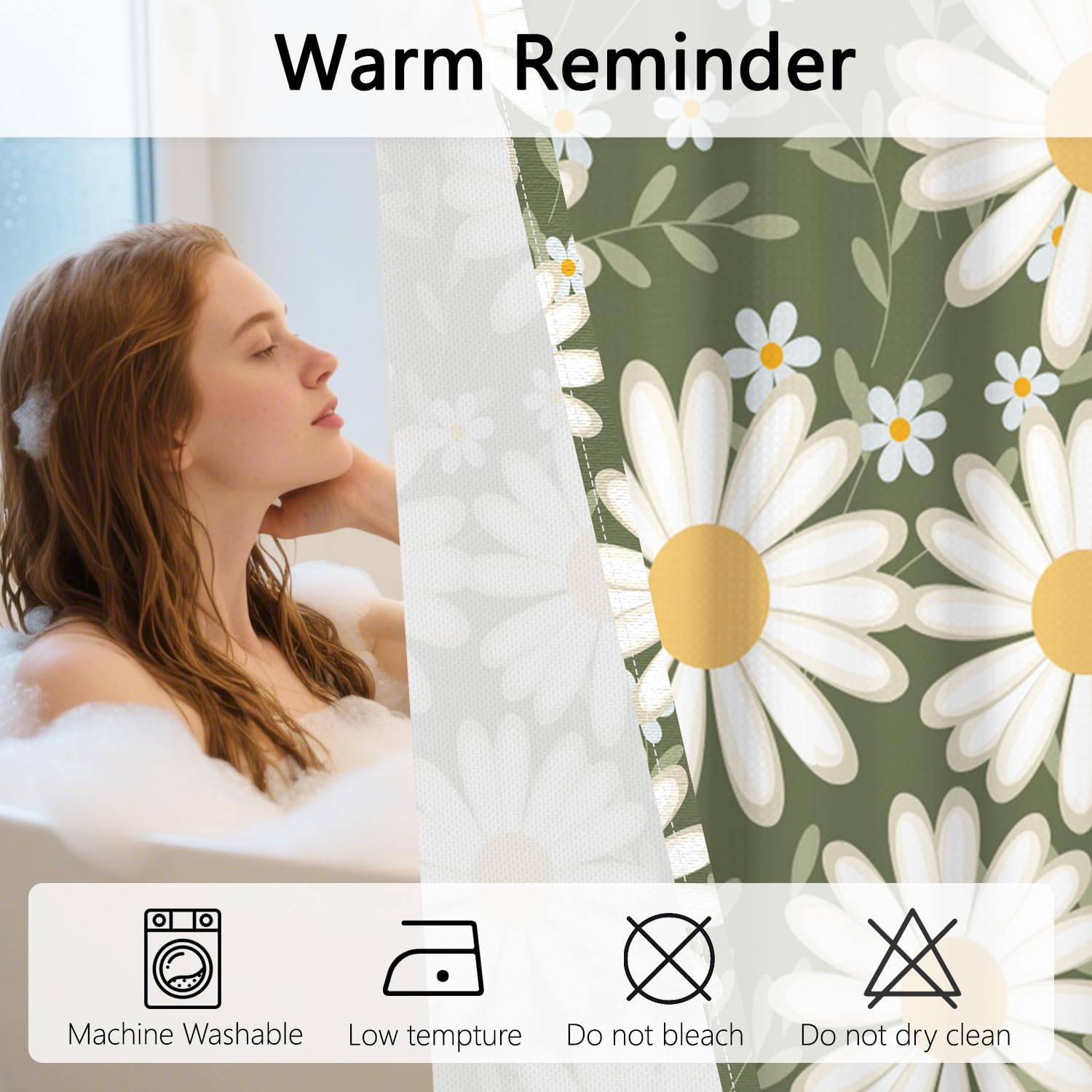 No Hooks Daisy Shower Curtain with Snap in Liner, Green & White Daisy Floral Shower Curtains for Bathroom, Waterproof Cloth Fabric with See Through Mesh Top Window, 71x74 Inch