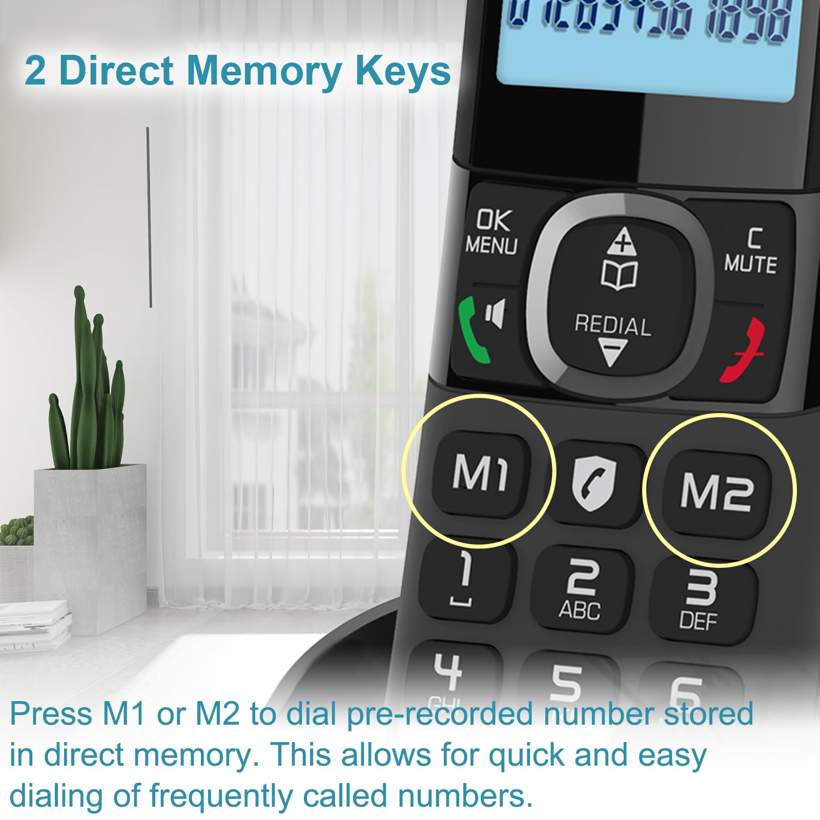 Close-up of Hellobaby Cordless Phone showing M1 and M2 direct memory keys