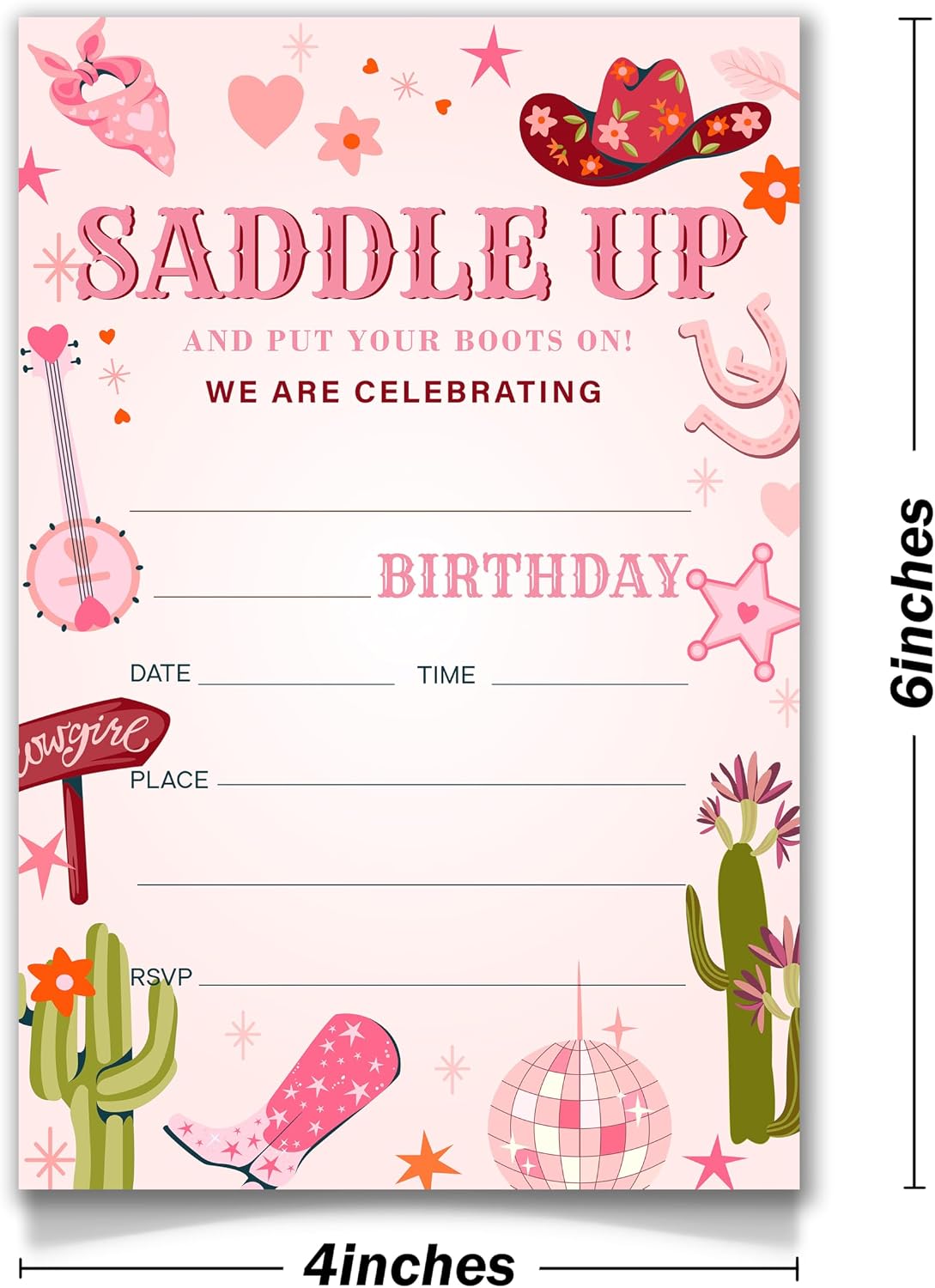Pink Cowgirl Birthday Invitations, Saddle Up Boots & Disco Ball Design Western Girl Party Invite Cards, 20 Cards with Envelopes Included.(034)