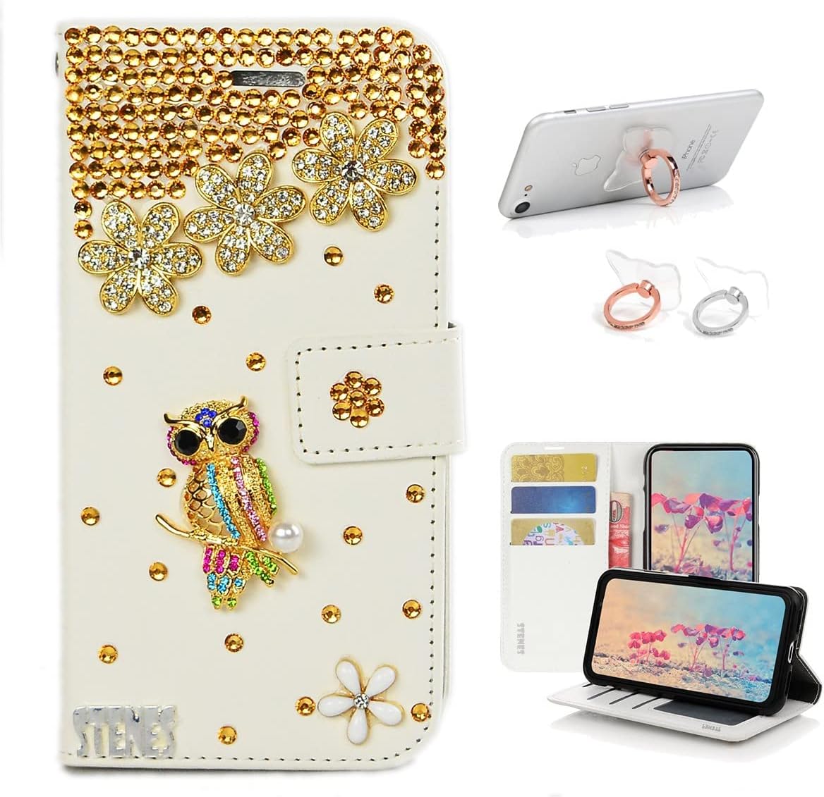 STENES Bling Wallet Phone Case Compatible with LG K92 5G Case - Stylish - 3D Handmade Pretty Night Owl Floral Design Leather Cover with Ring Stand Holder [2 Pack] - Gold