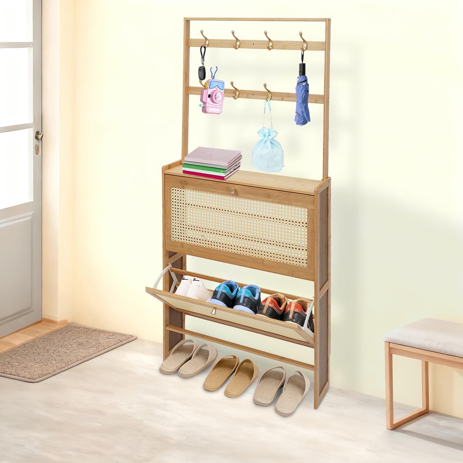 Schuhschrank aus Bambus mit 2 Türen und Abnehmbare Ablage, Schuhregal Freistehend für 12–18 Paar, Schuhkommode für Eingang, Flur, Diele, Eingangsbereich 60x32x94 cm