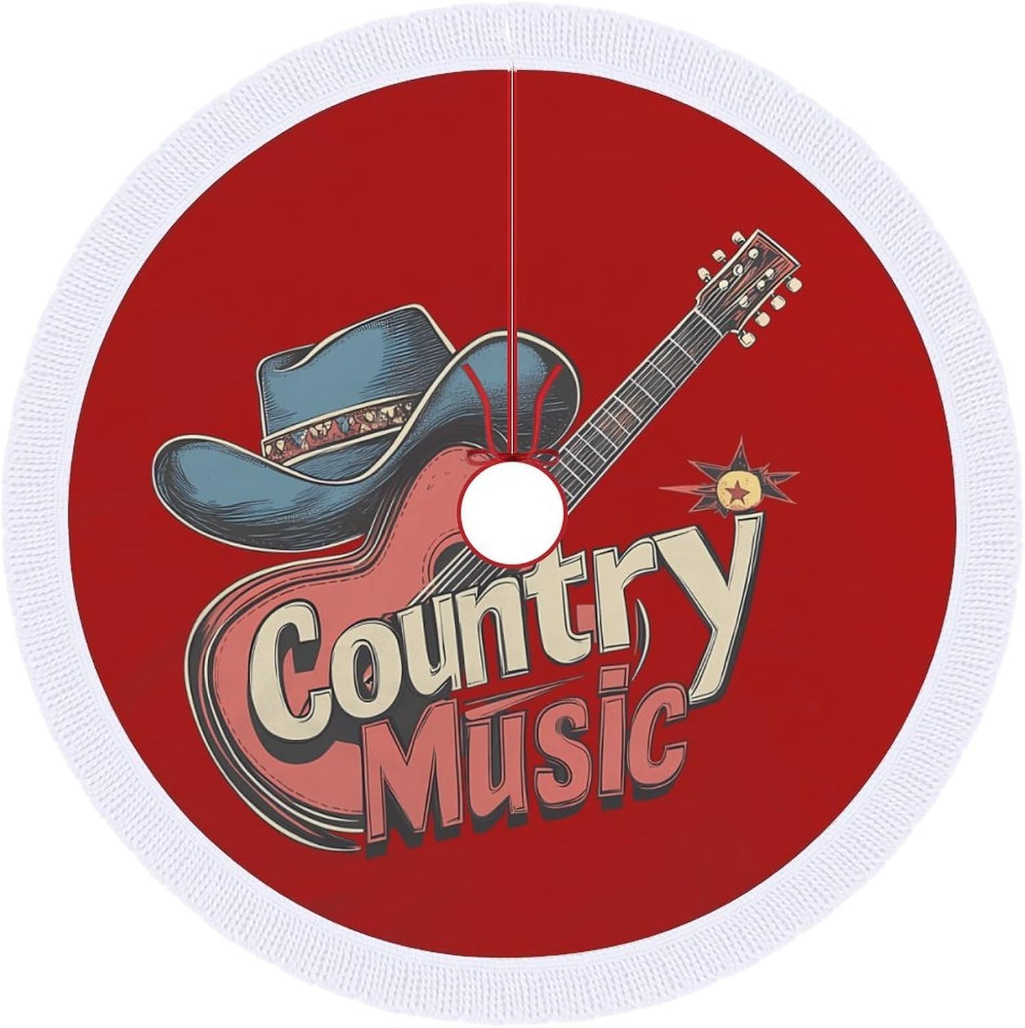 Country Muisic Electric Guitar Christmas Tree Skirt Round Xmas Tree Mat Ornaments Tree Skirts with Tassels for Holiday Party
