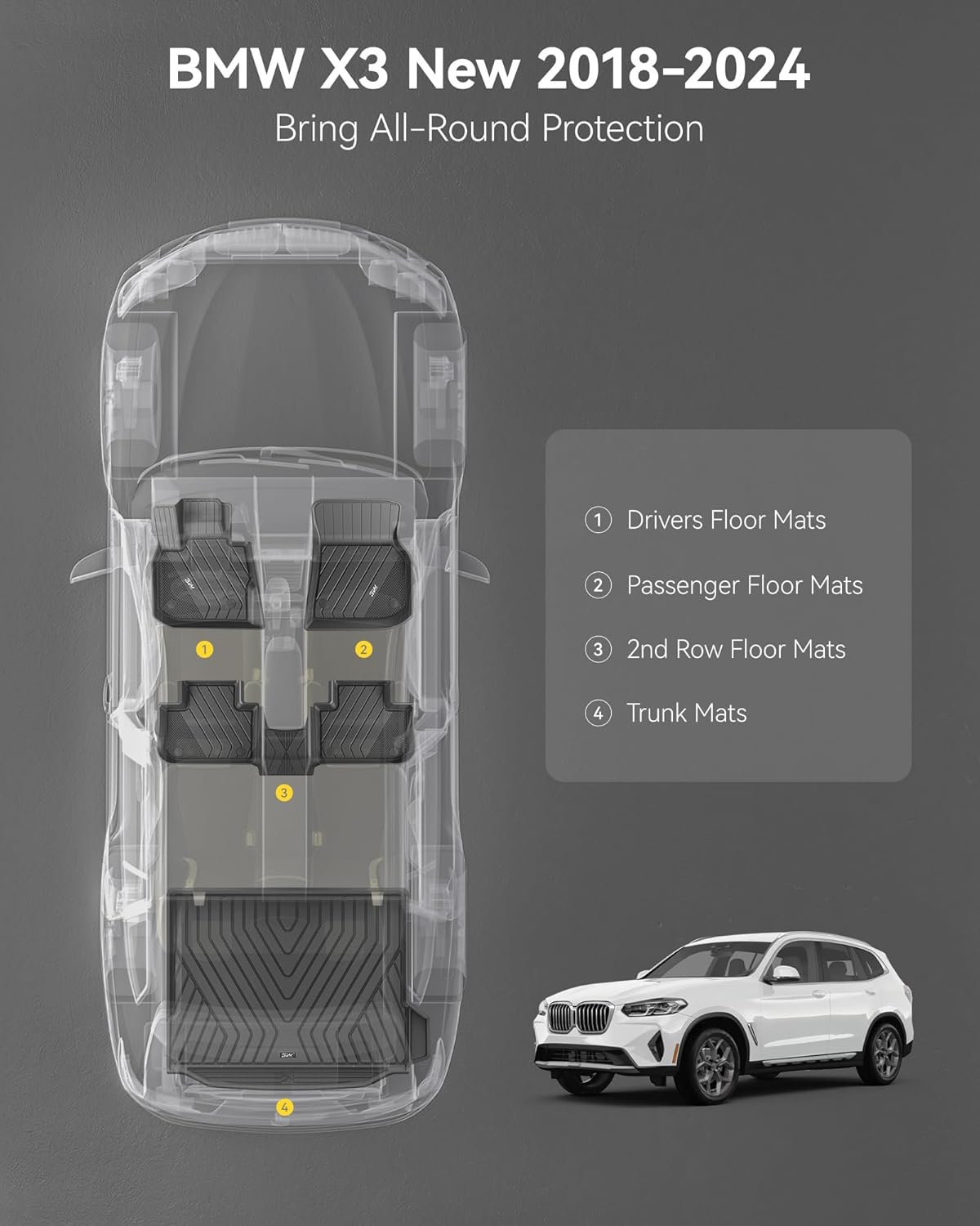 3W 2018-2024 BMW X3 Floor Mats & Cargo Liner, All Weather TPE BMW X3 Accessories Custom Fit for X3 G01 30i M40i X3M Car Mats (Only for car Without Spare tire) (Don't Fit X3 30e), 6PCS