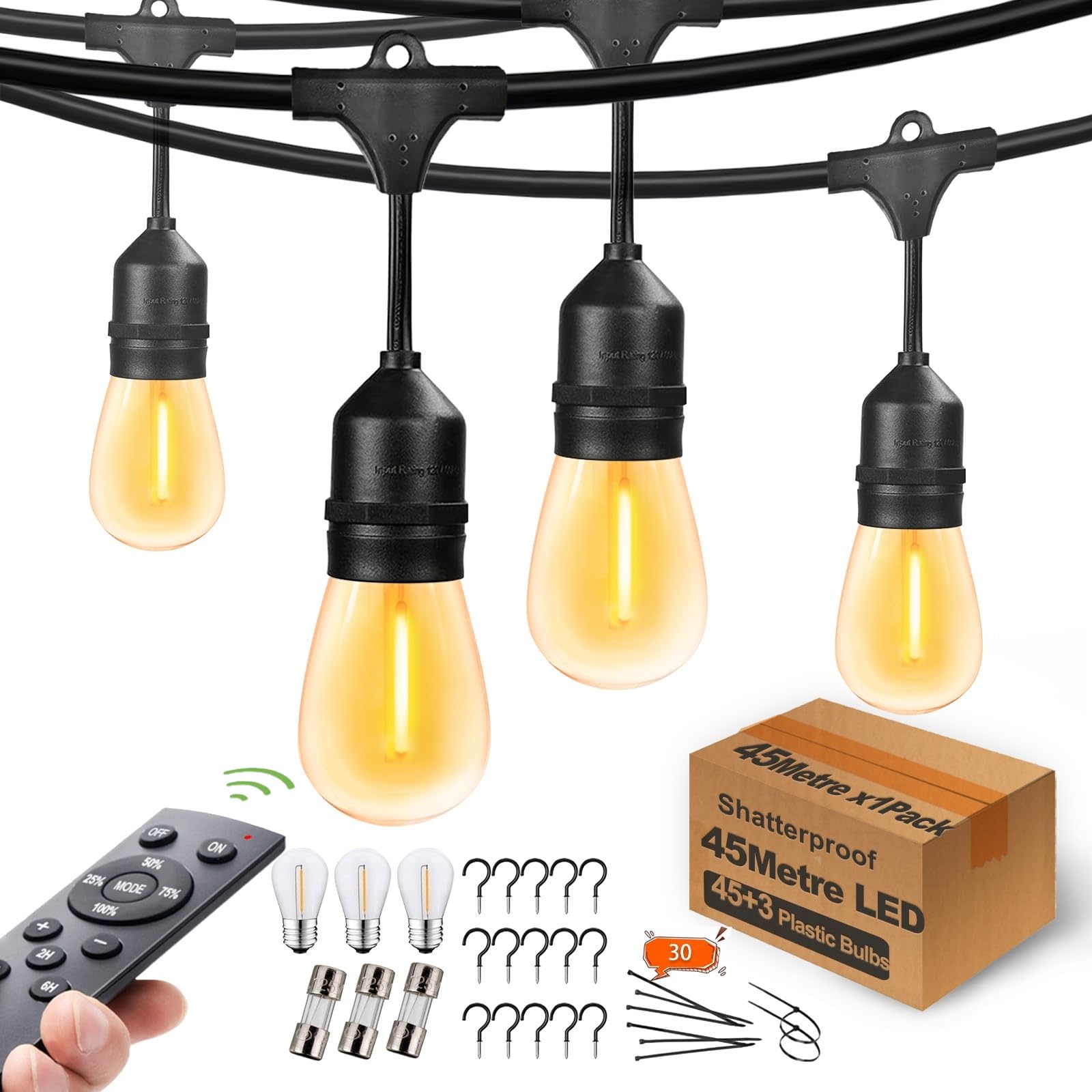 45 Metre Remote Dimmable Festoon Lights Outdoor String Lights Mains — image 1
