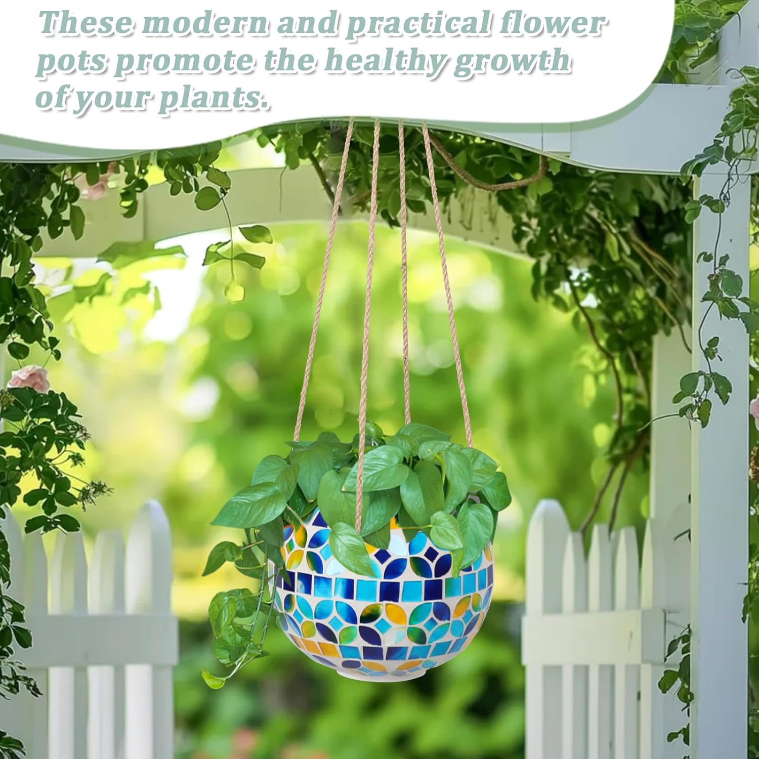 Ceramic Hanging Planter Mosaic Hanging Flower Pot Small Plant Pot for Indoor Plant Garden Decor Disco Ball Planter with Drainage Square Blue
